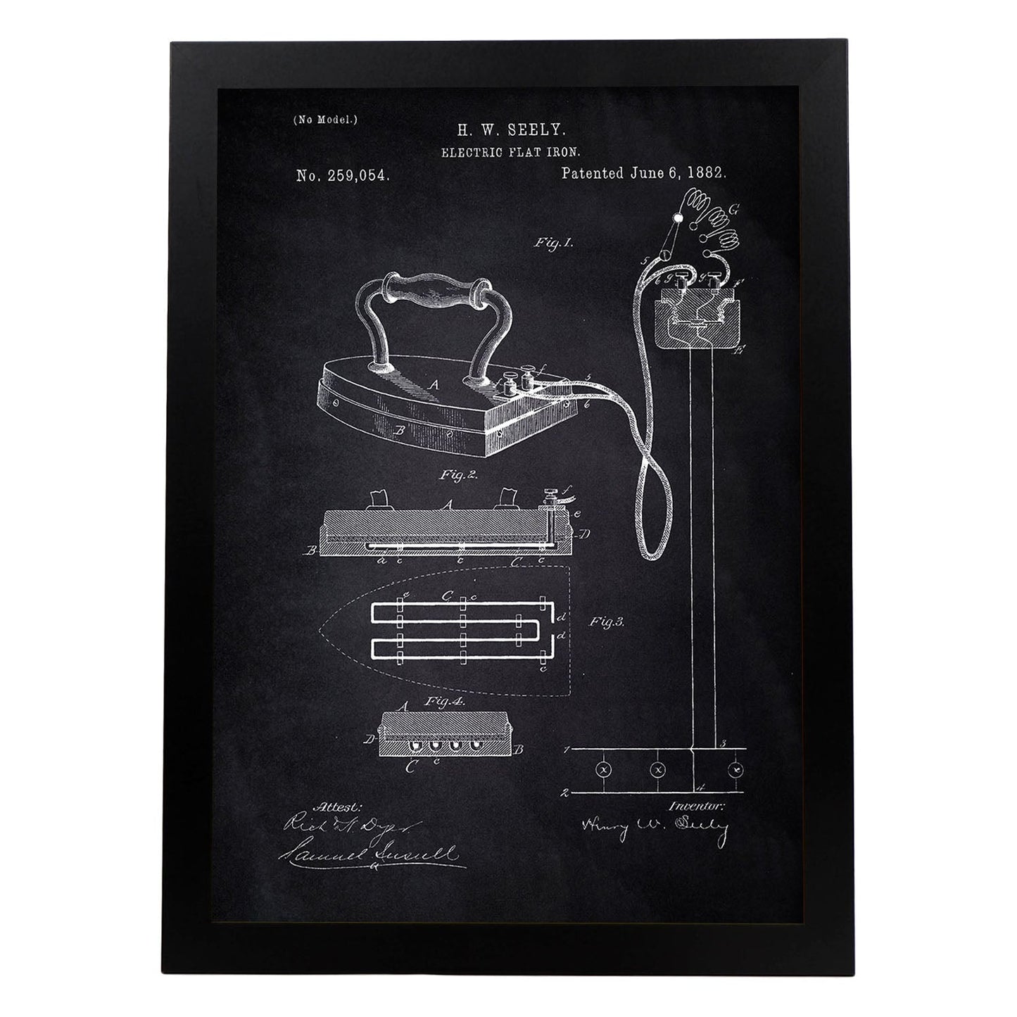 Poster con patente de Plancha electrica. Lámina con diseño de patente antigua-Artwork-Nacnic-A4-Marco Negro-Nacnic Estudio SL