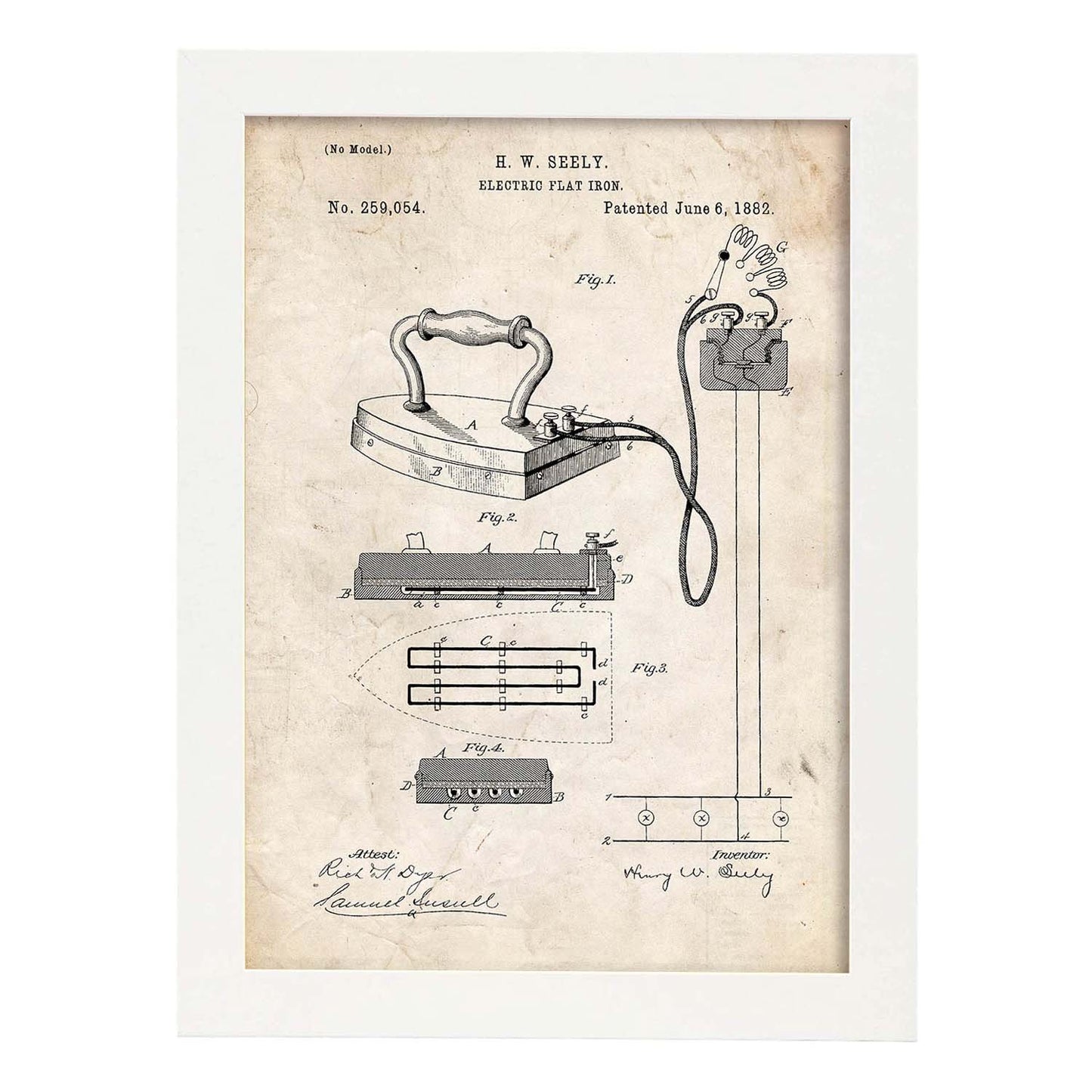 Poster con patente de Plancha electrica. Lámina con diseño de patente antigua.-Artwork-Nacnic-A3-Marco Blanco-Nacnic Estudio SL