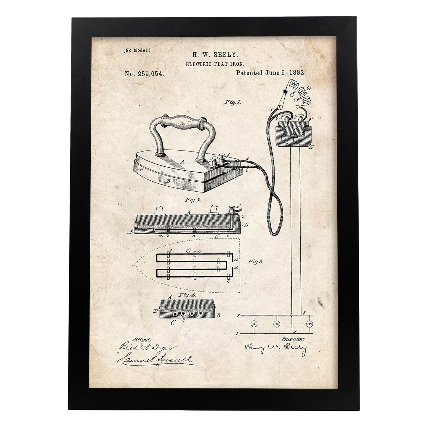 Poster con patente de Plancha electrica. Lámina con diseño de patente antigua.-Artwork-Nacnic-A3-Marco Negro-Nacnic Estudio SL