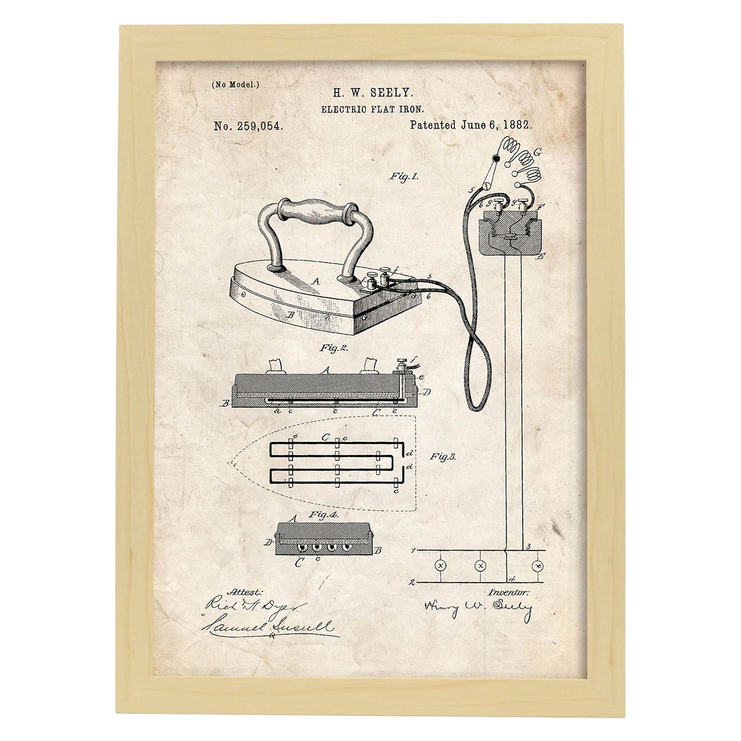 Poster con patente de Plancha electrica. Lámina con diseño de patente antigua.-Artwork-Nacnic-A4-Marco Madera clara-Nacnic Estudio SL