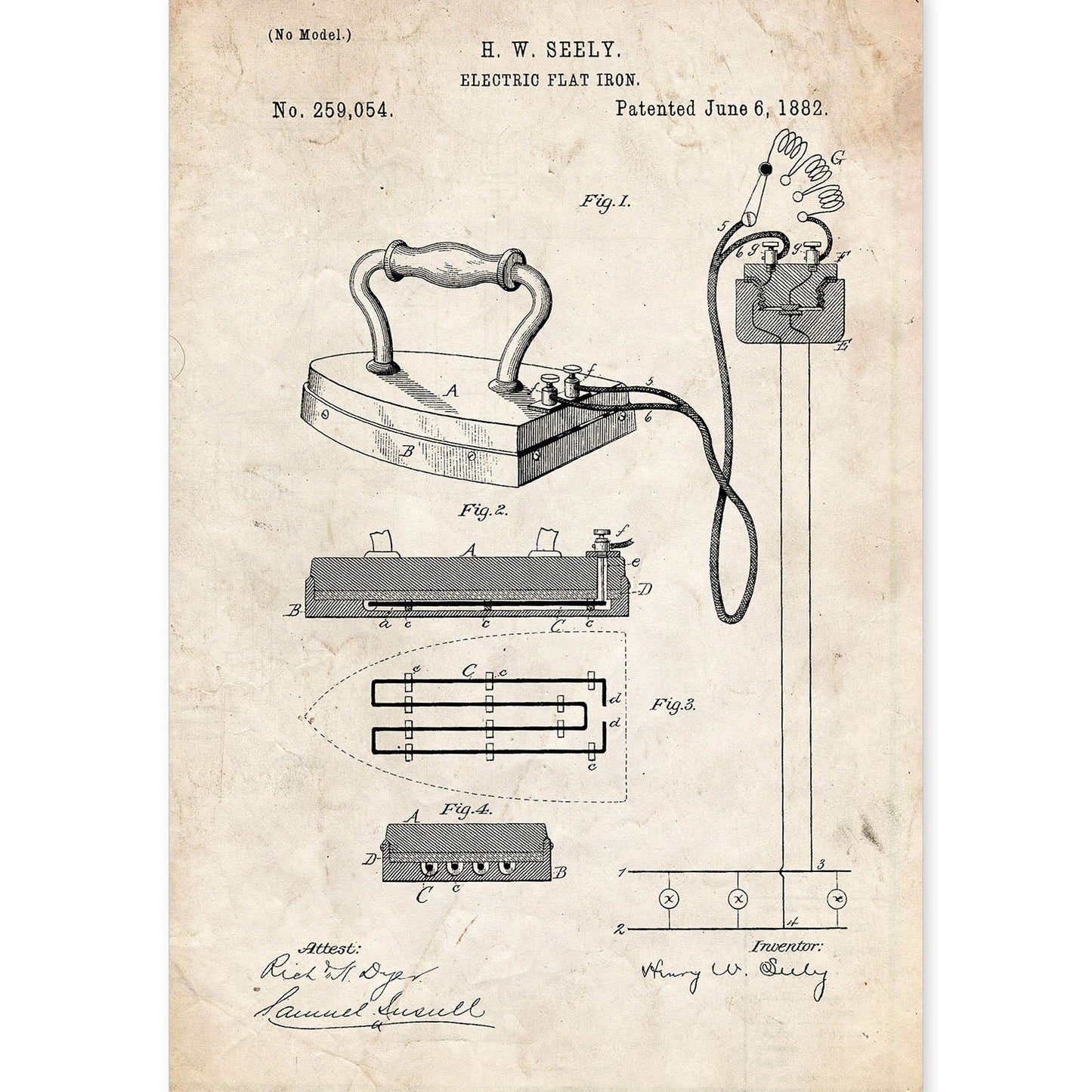 Poster con patente de Plancha electrica. Lámina con diseño de patente antigua.-Artwork-Nacnic-A4-Sin marco-Nacnic Estudio SL