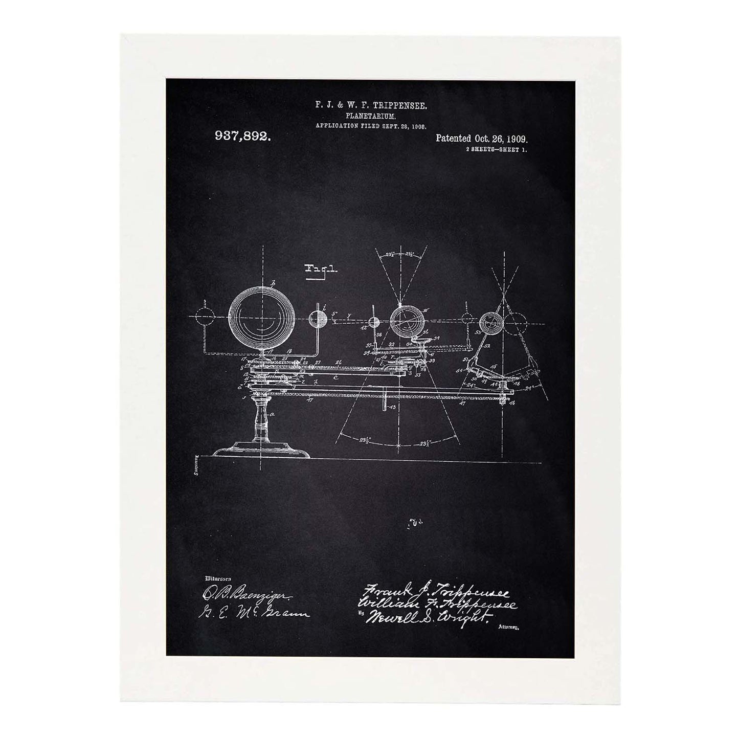 Poster con patente de Planetario. Lámina con diseño de patente antigua-Artwork-Nacnic-A3-Marco Blanco-Nacnic Estudio SL