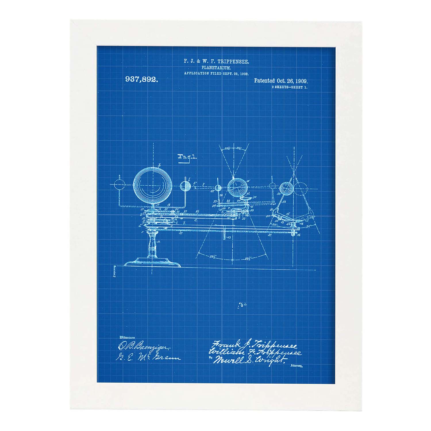 Poster con patente de Planetario. Lámina con diseño de patente antigua-Artwork-Nacnic-A3-Marco Blanco-Nacnic Estudio SL
