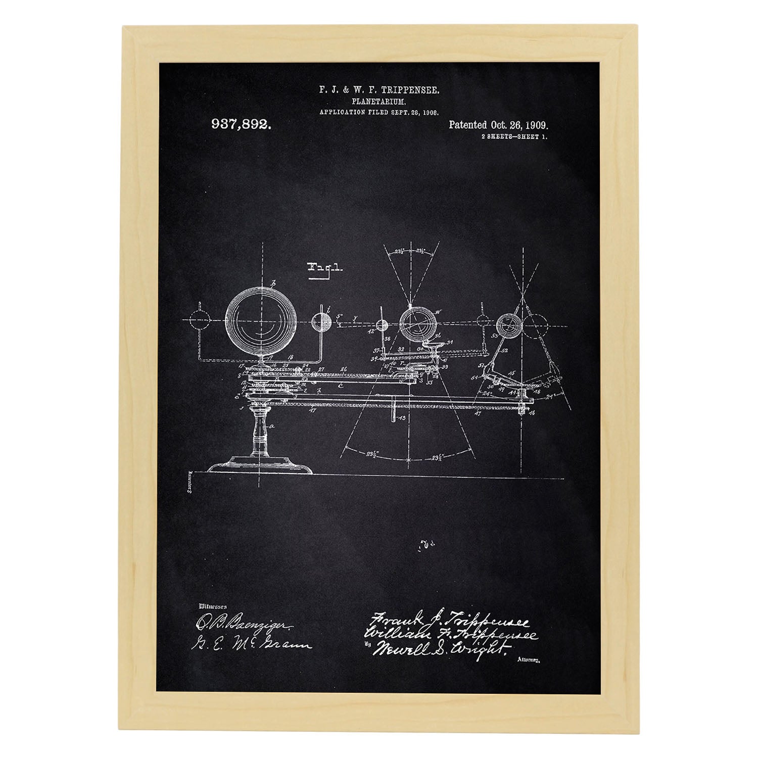 Poster con patente de Planetario. Lámina con diseño de patente antigua-Artwork-Nacnic-A3-Marco Madera clara-Nacnic Estudio SL