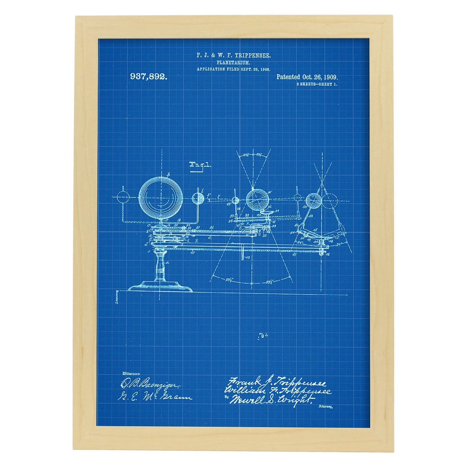 Poster con patente de Planetario. Lámina con diseño de patente antigua-Artwork-Nacnic-A3-Marco Madera clara-Nacnic Estudio SL