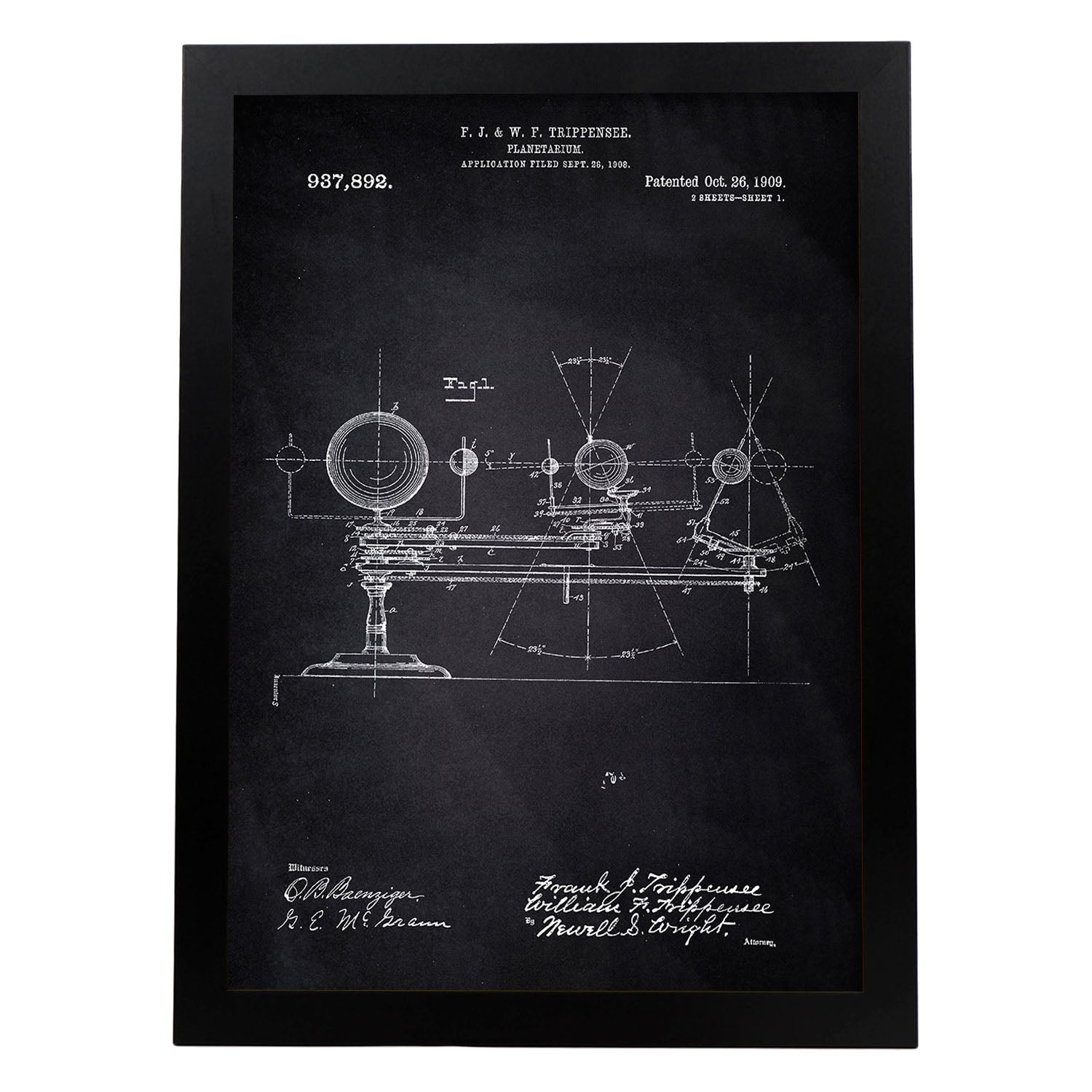 Poster con patente de Planetario. Lámina con diseño de patente antigua-Artwork-Nacnic-A3-Marco Negro-Nacnic Estudio SL