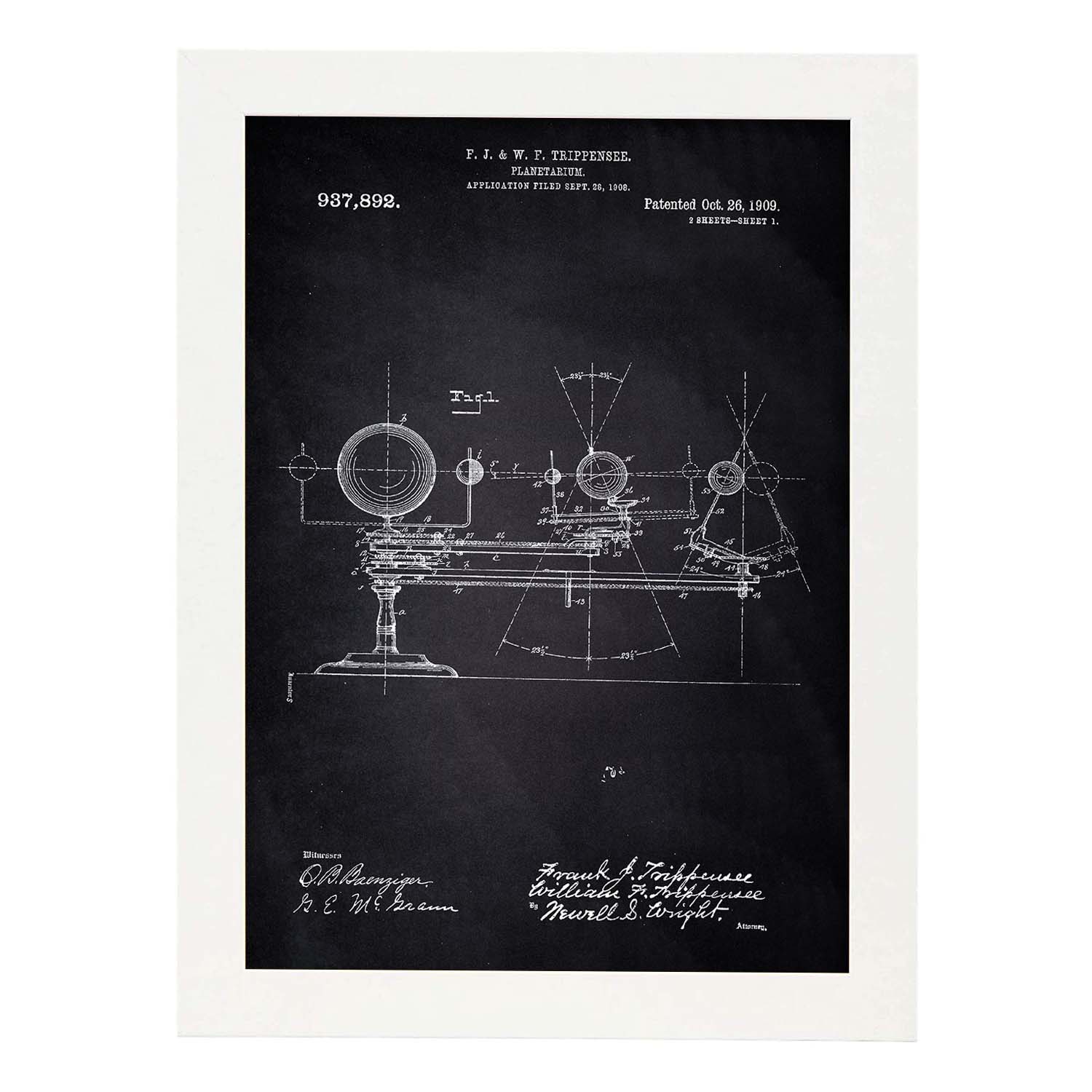 Poster con patente de Planetario. Lámina con diseño de patente antigua-Artwork-Nacnic-A4-Marco Blanco-Nacnic Estudio SL