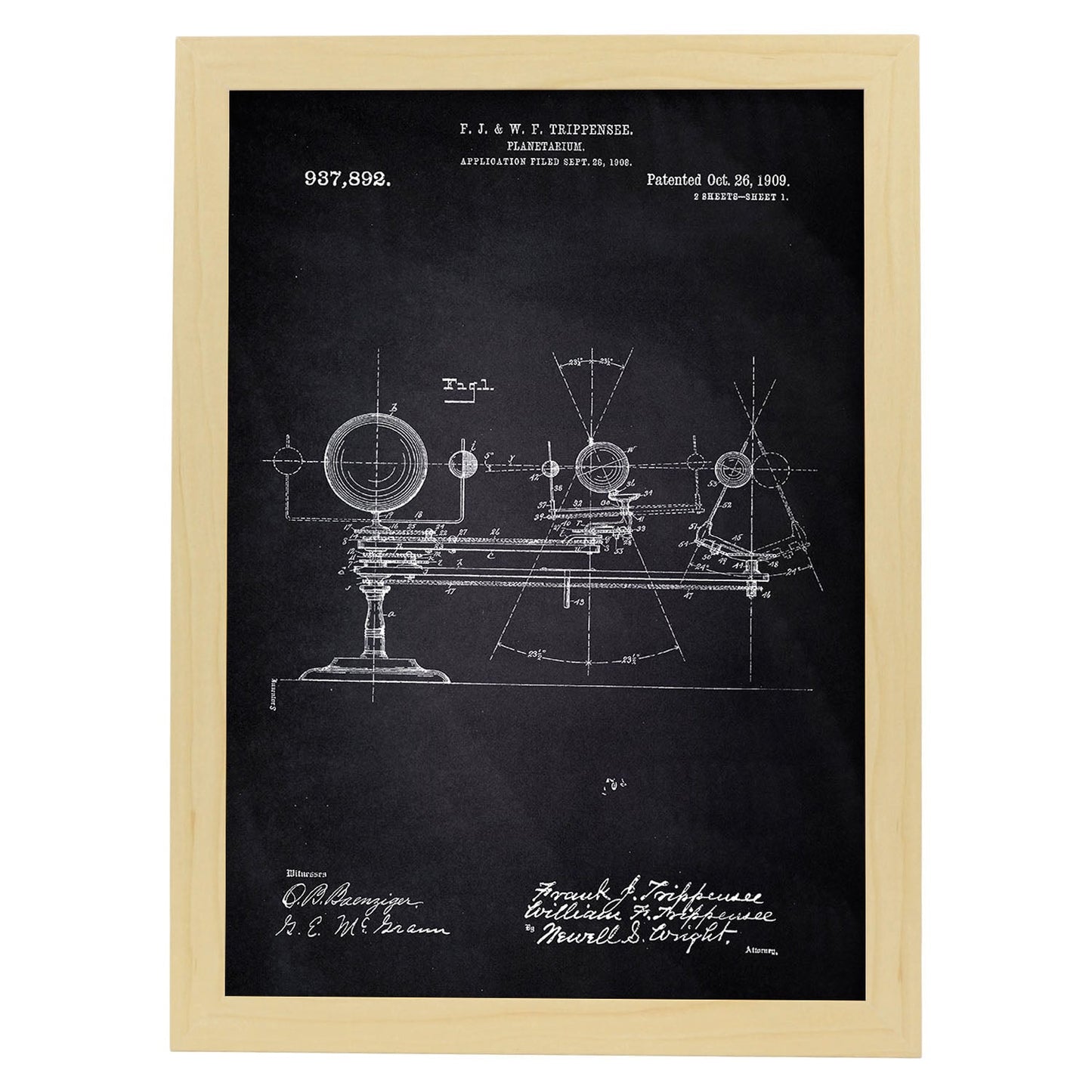 Poster con patente de Planetario. Lámina con diseño de patente antigua-Artwork-Nacnic-A4-Marco Madera clara-Nacnic Estudio SL