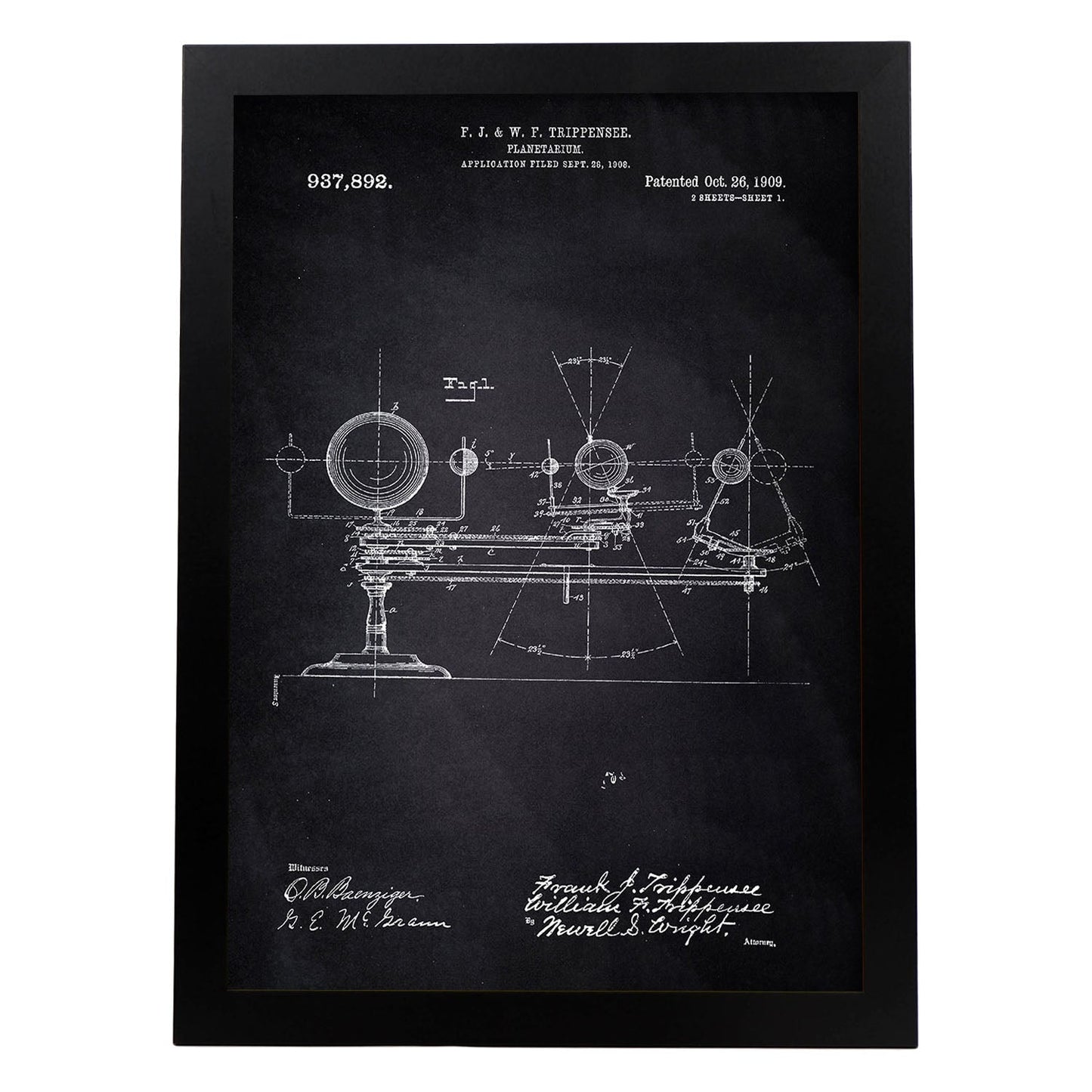 Poster con patente de Planetario. Lámina con diseño de patente antigua-Artwork-Nacnic-A4-Marco Negro-Nacnic Estudio SL
