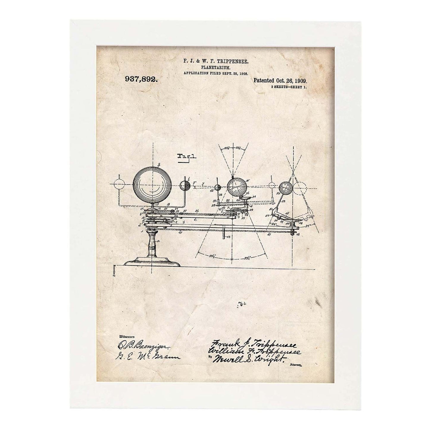 Poster con patente de Planetario. Lámina con diseño de patente antigua.-Artwork-Nacnic-A3-Marco Blanco-Nacnic Estudio SL