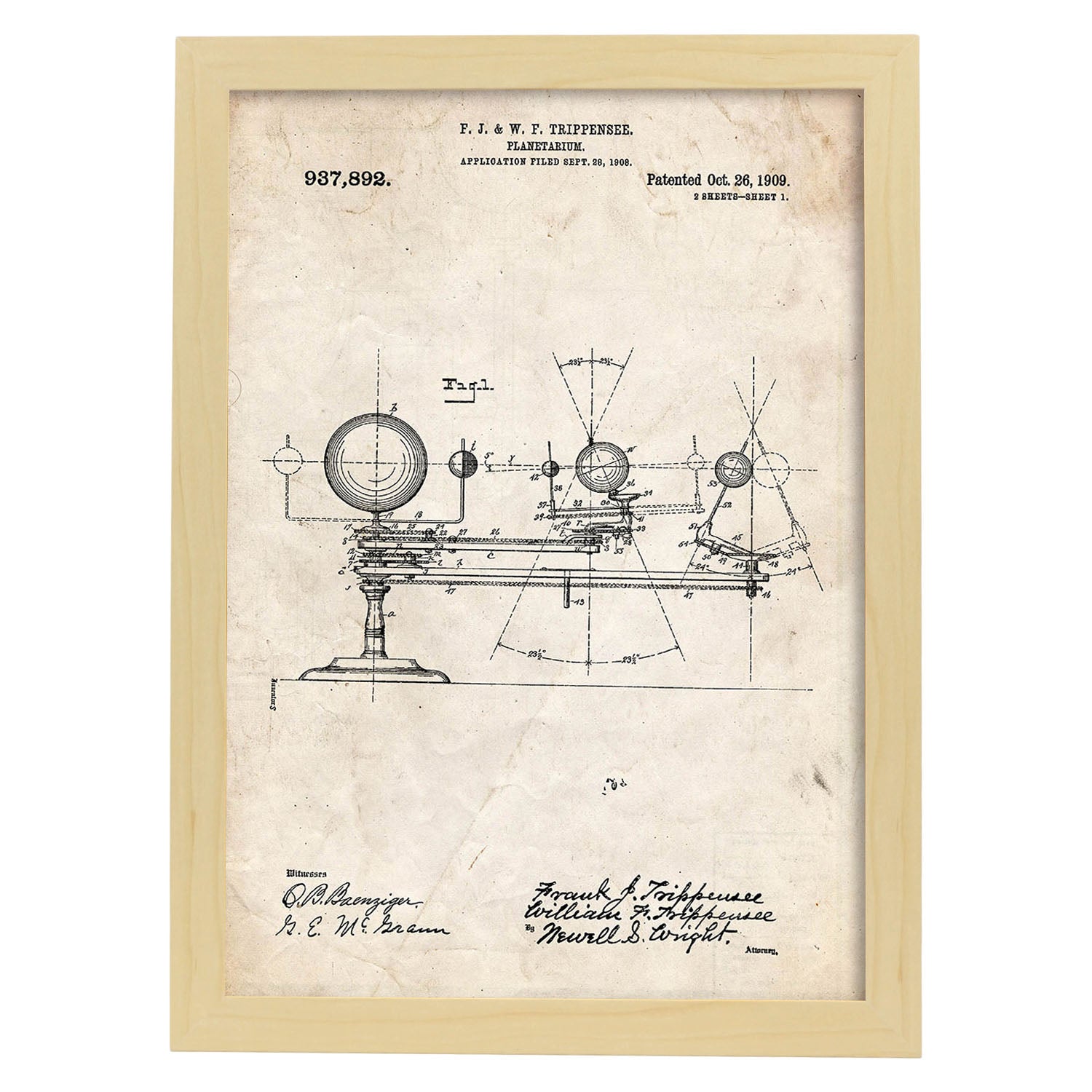 Poster con patente de Planetario. Lámina con diseño de patente antigua.-Artwork-Nacnic-A3-Marco Madera clara-Nacnic Estudio SL