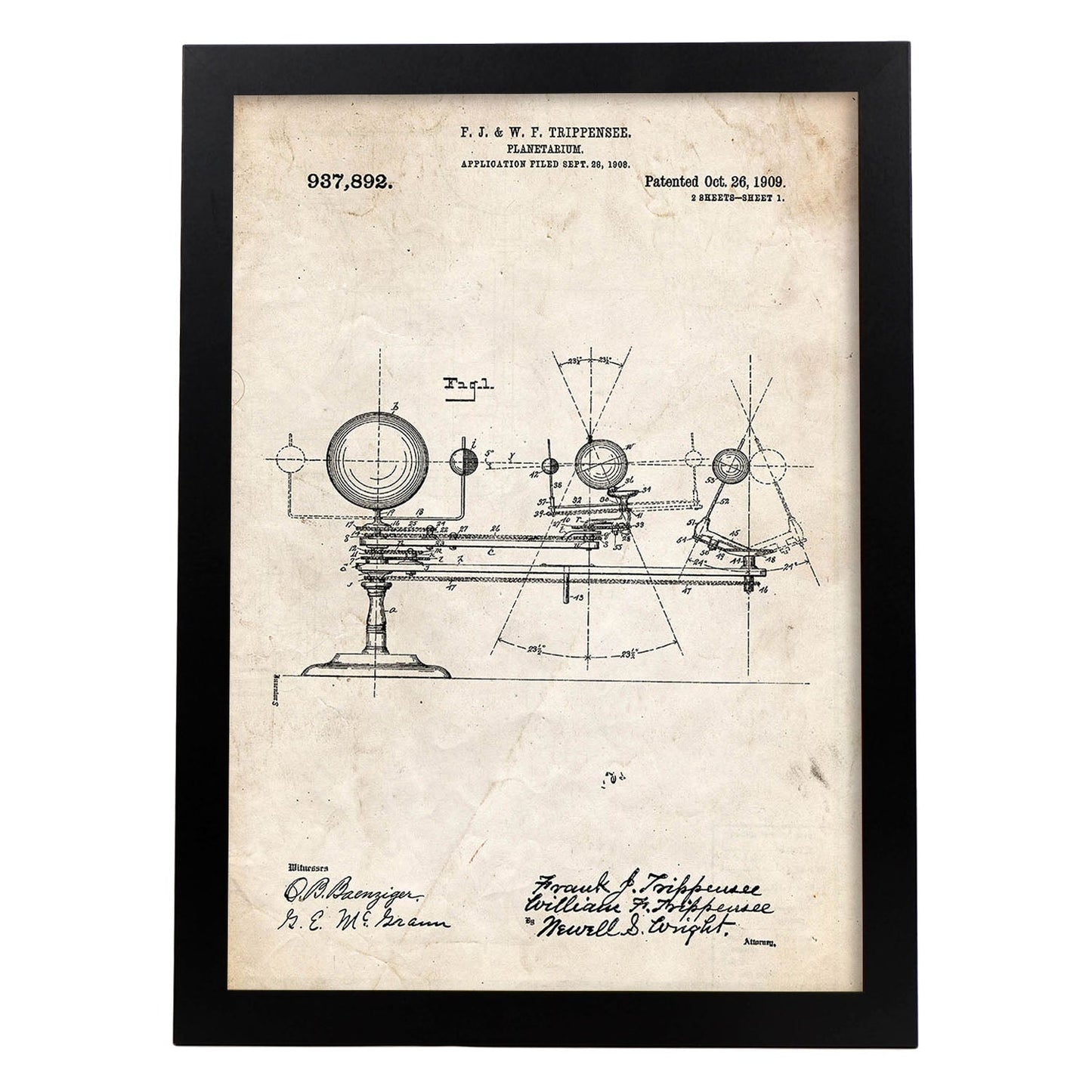 Poster con patente de Planetario. Lámina con diseño de patente antigua.-Artwork-Nacnic-A3-Marco Negro-Nacnic Estudio SL