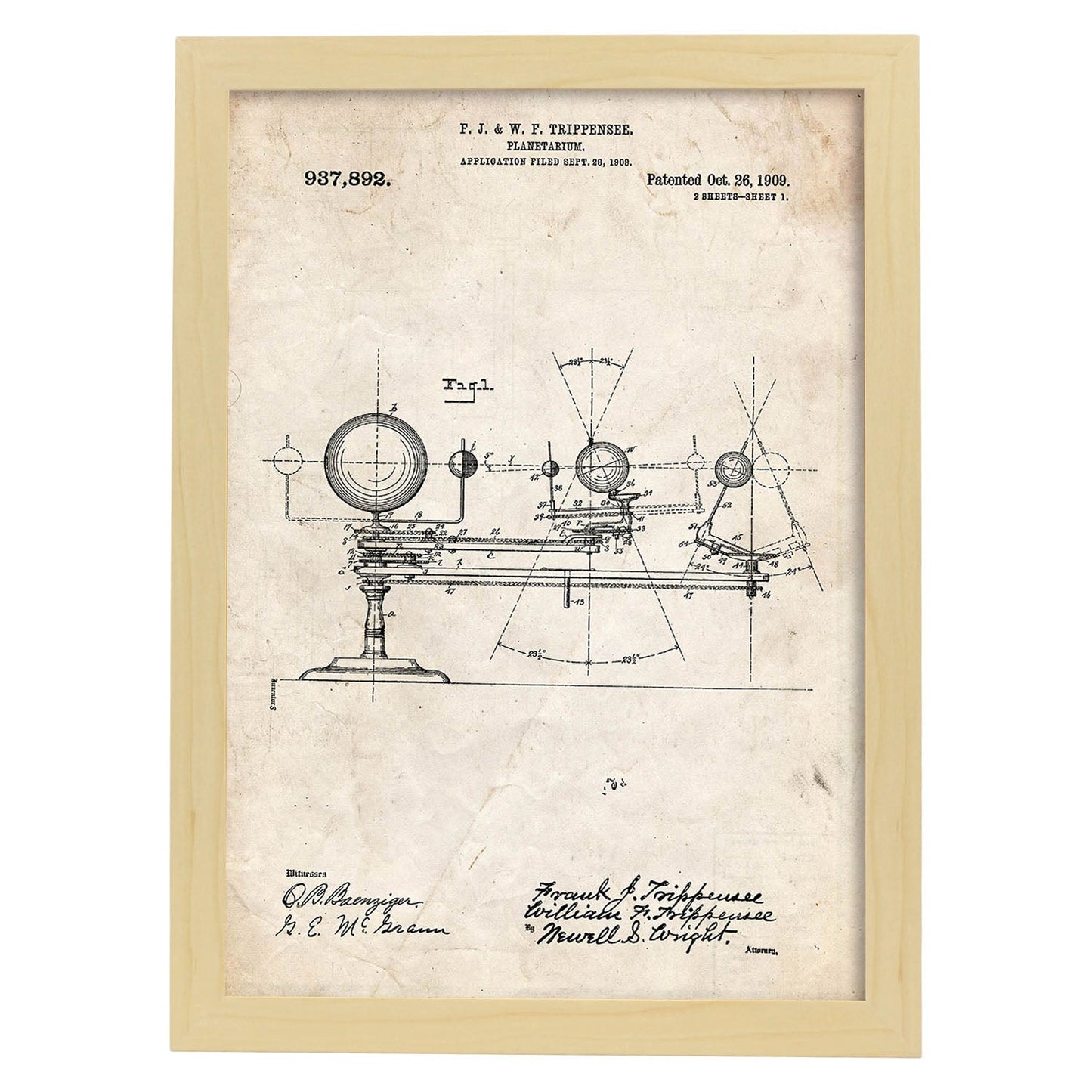 Poster con patente de Planetario. Lámina con diseño de patente antigua.-Artwork-Nacnic-A4-Marco Madera clara-Nacnic Estudio SL
