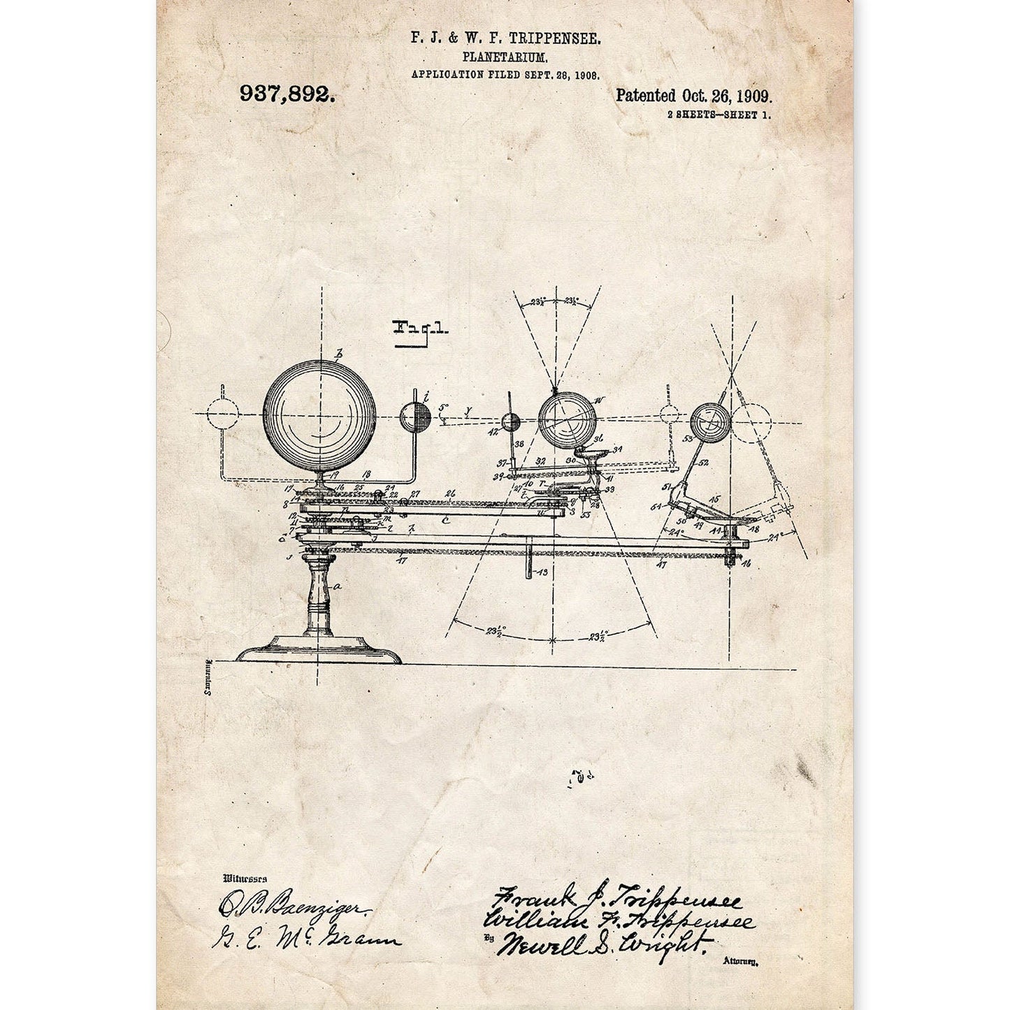 Poster con patente de Planetario. Lámina con diseño de patente antigua.-Artwork-Nacnic-A4-Sin marco-Nacnic Estudio SL
