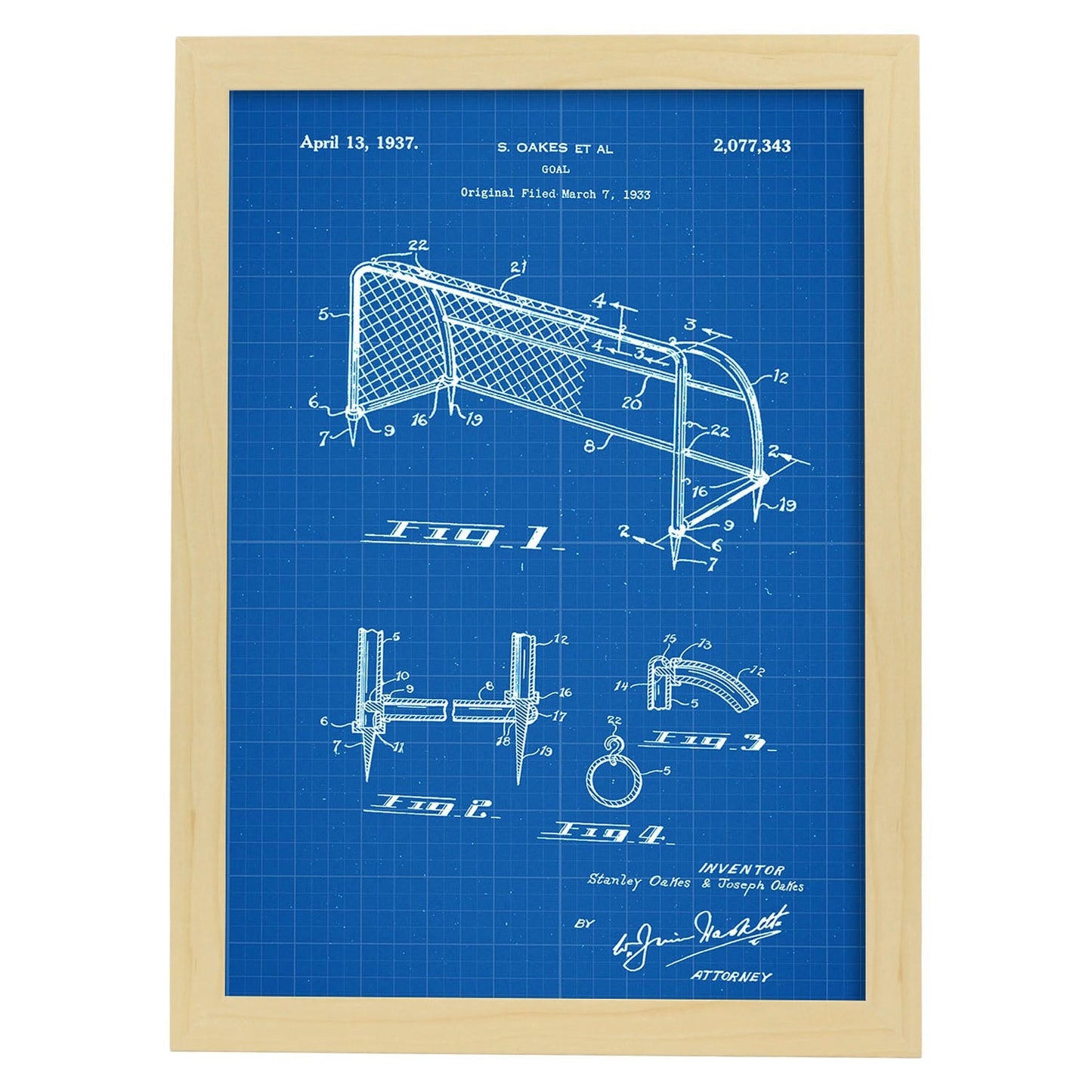 Poster con patente de Porteria de futbol. Lámina con diseño de patente antigua-Artwork-Nacnic-A3-Marco Madera clara-Nacnic Estudio SL