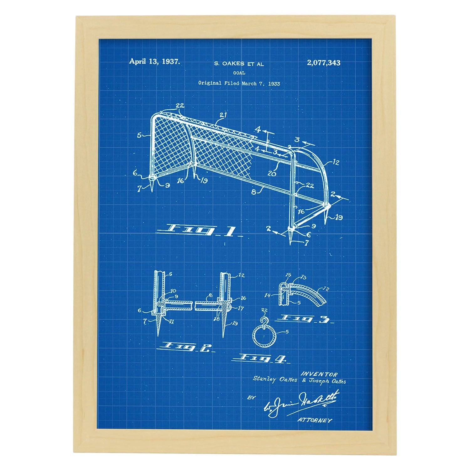 Poster con patente de Porteria de futbol. Lámina con diseño de patente antigua-Artwork-Nacnic-A4-Marco Madera clara-Nacnic Estudio SL