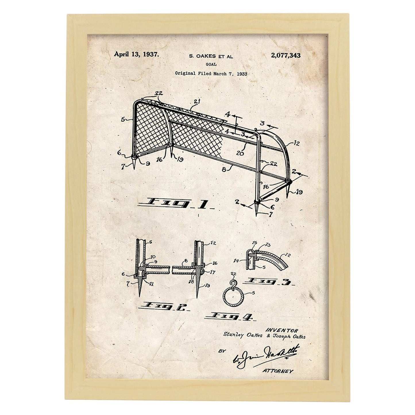 Poster con patente de Porteria de futbol. Lámina con diseño de patente antigua.-Artwork-Nacnic-A4-Marco Madera clara-Nacnic Estudio SL