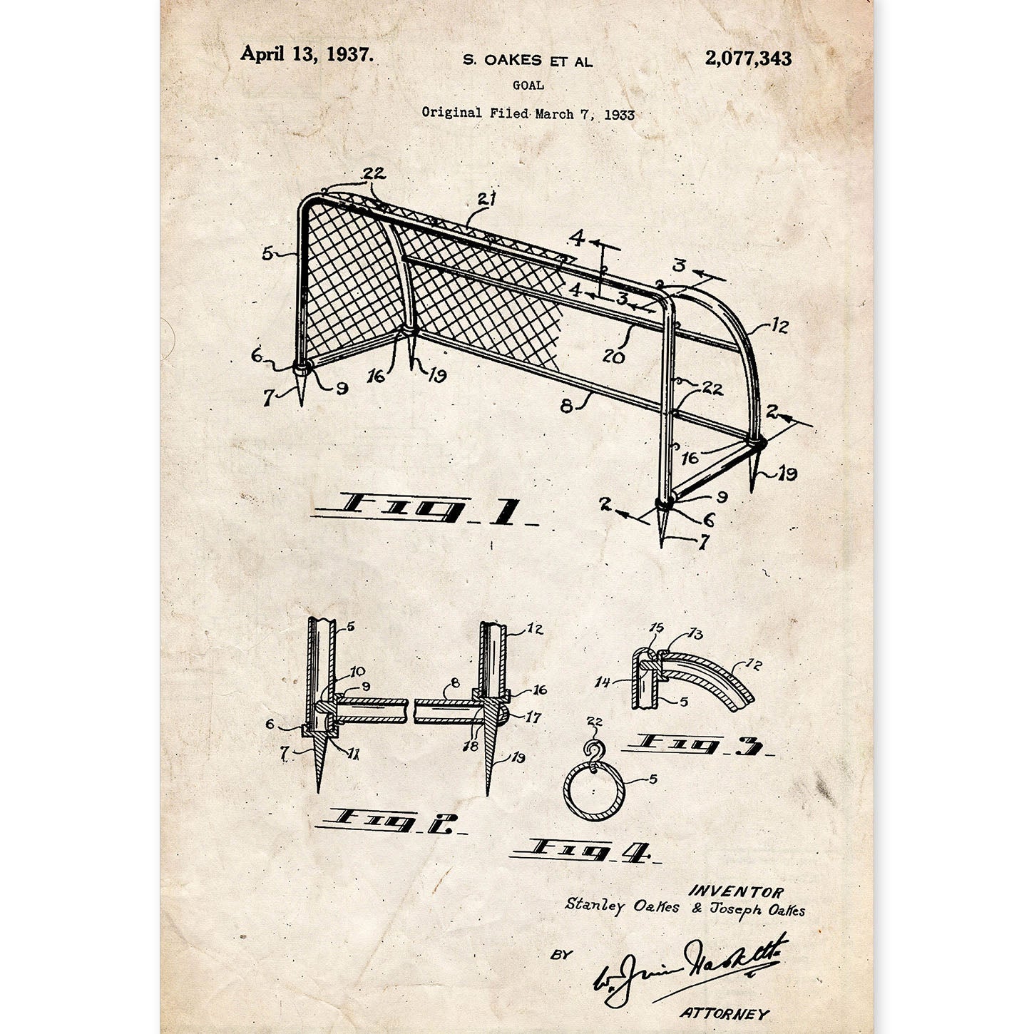 Poster con patente de Porteria de futbol. Lámina con diseño de patente antigua.-Artwork-Nacnic-A4-Sin marco-Nacnic Estudio SL
