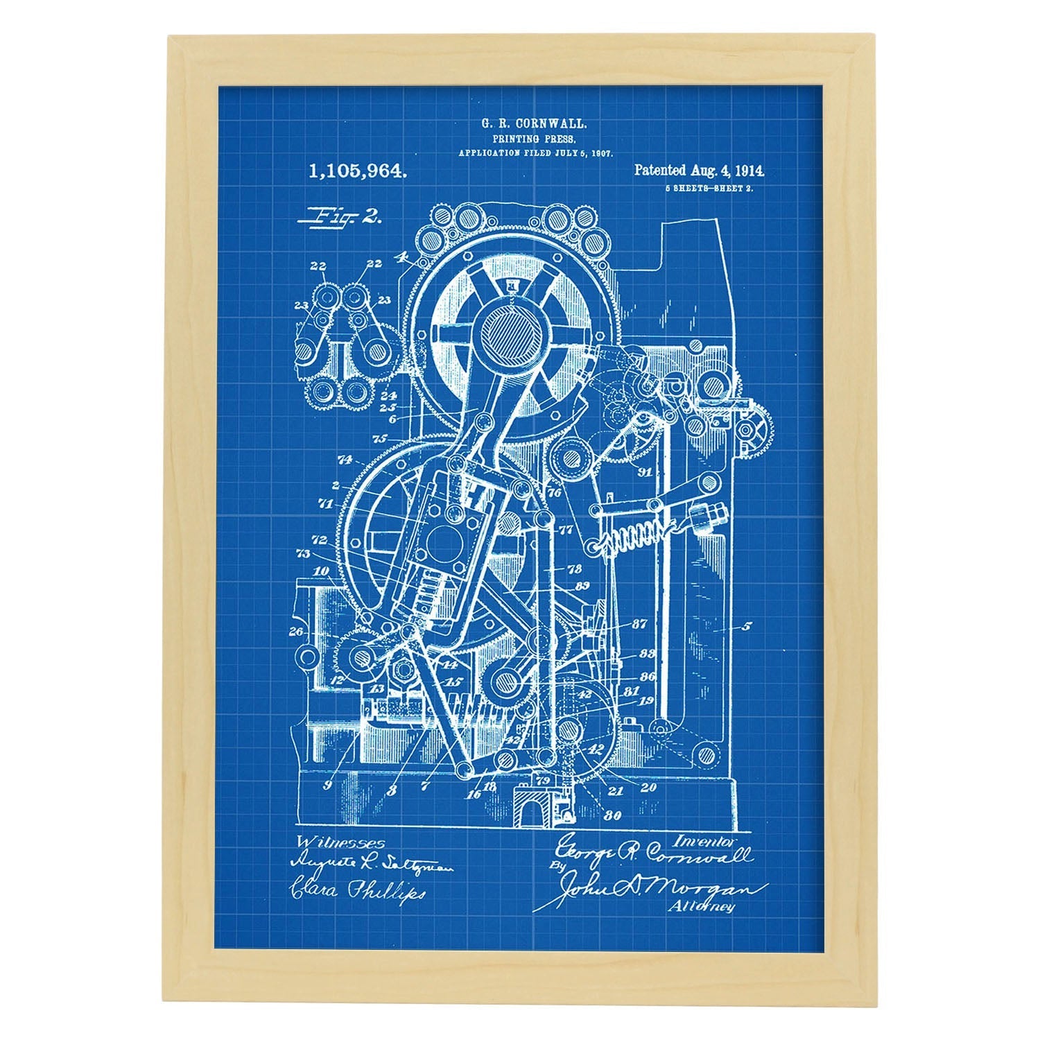 Poster con patente de Prensa de impresion 2. Lámina con diseño de patente antigua-Artwork-Nacnic-A4-Marco Madera clara-Nacnic Estudio SL