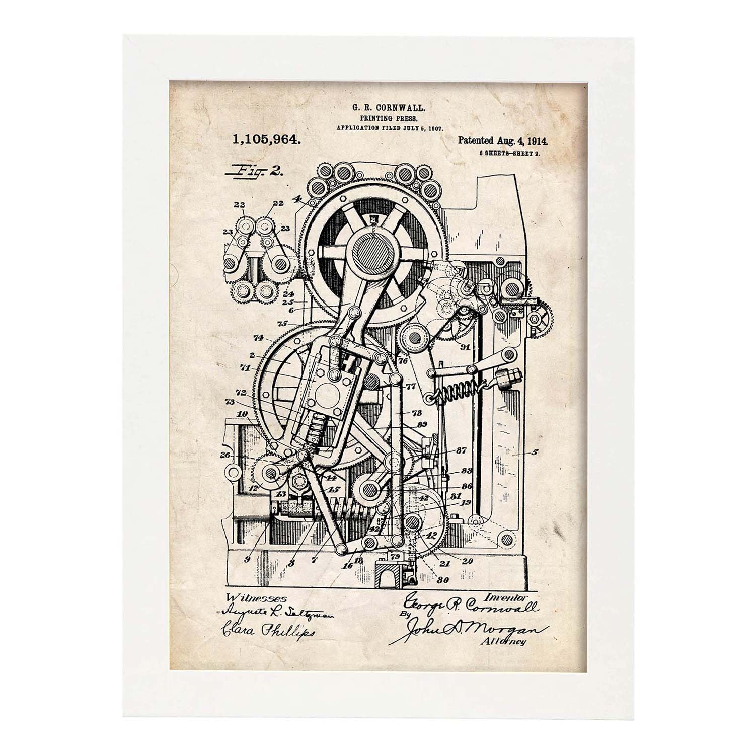 Poster con patente de Prensa de impresion 2. Lámina con diseño de patente antigua.-Artwork-Nacnic-A3-Marco Blanco-Nacnic Estudio SL