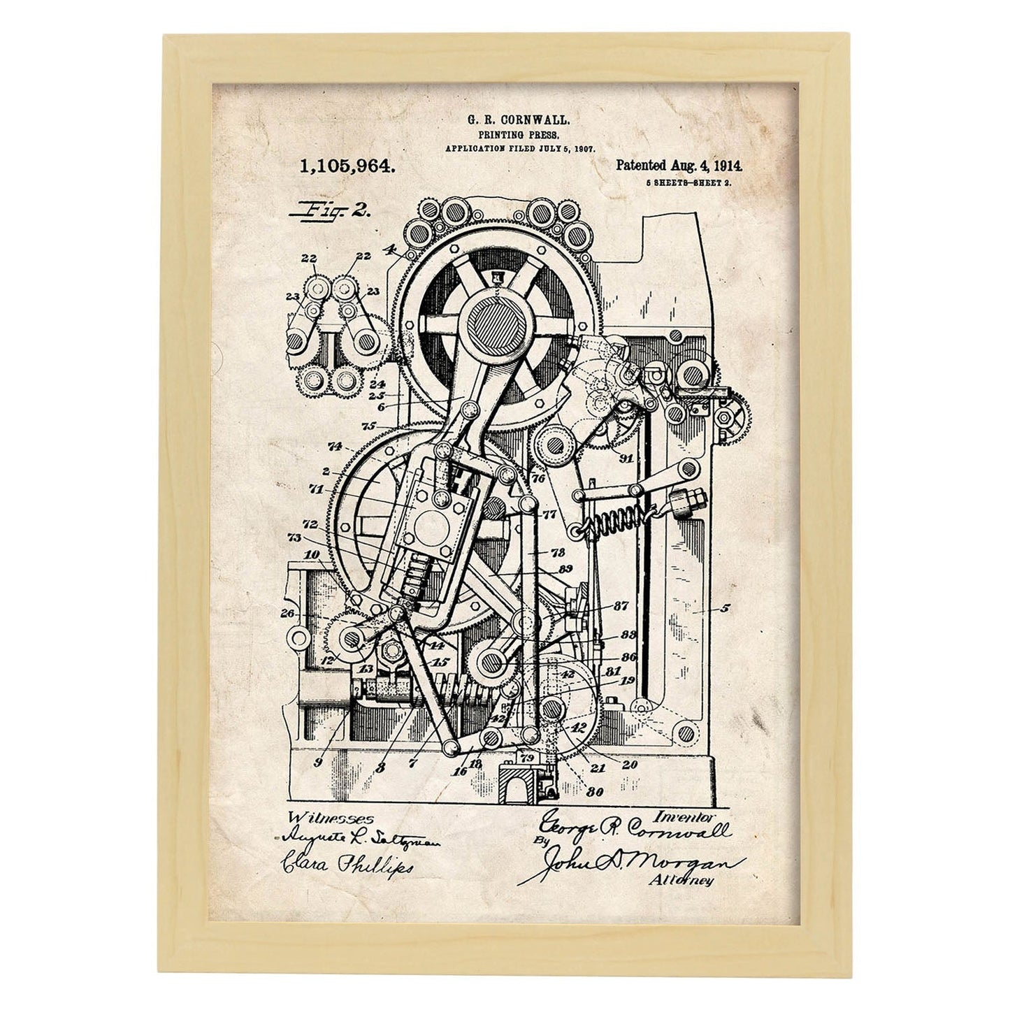 Poster con patente de Prensa de impresion 2. Lámina con diseño de patente antigua.-Artwork-Nacnic-A3-Marco Madera clara-Nacnic Estudio SL