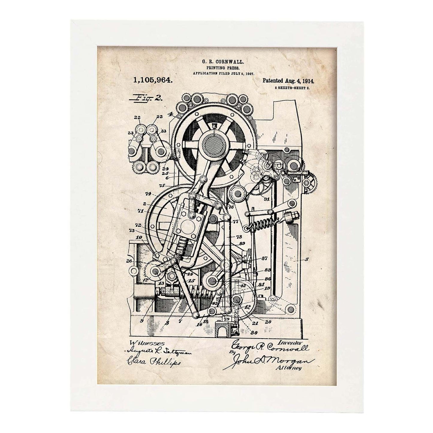 Poster con patente de Prensa de impresion 2. Lámina con diseño de patente antigua.-Artwork-Nacnic-A4-Marco Blanco-Nacnic Estudio SL