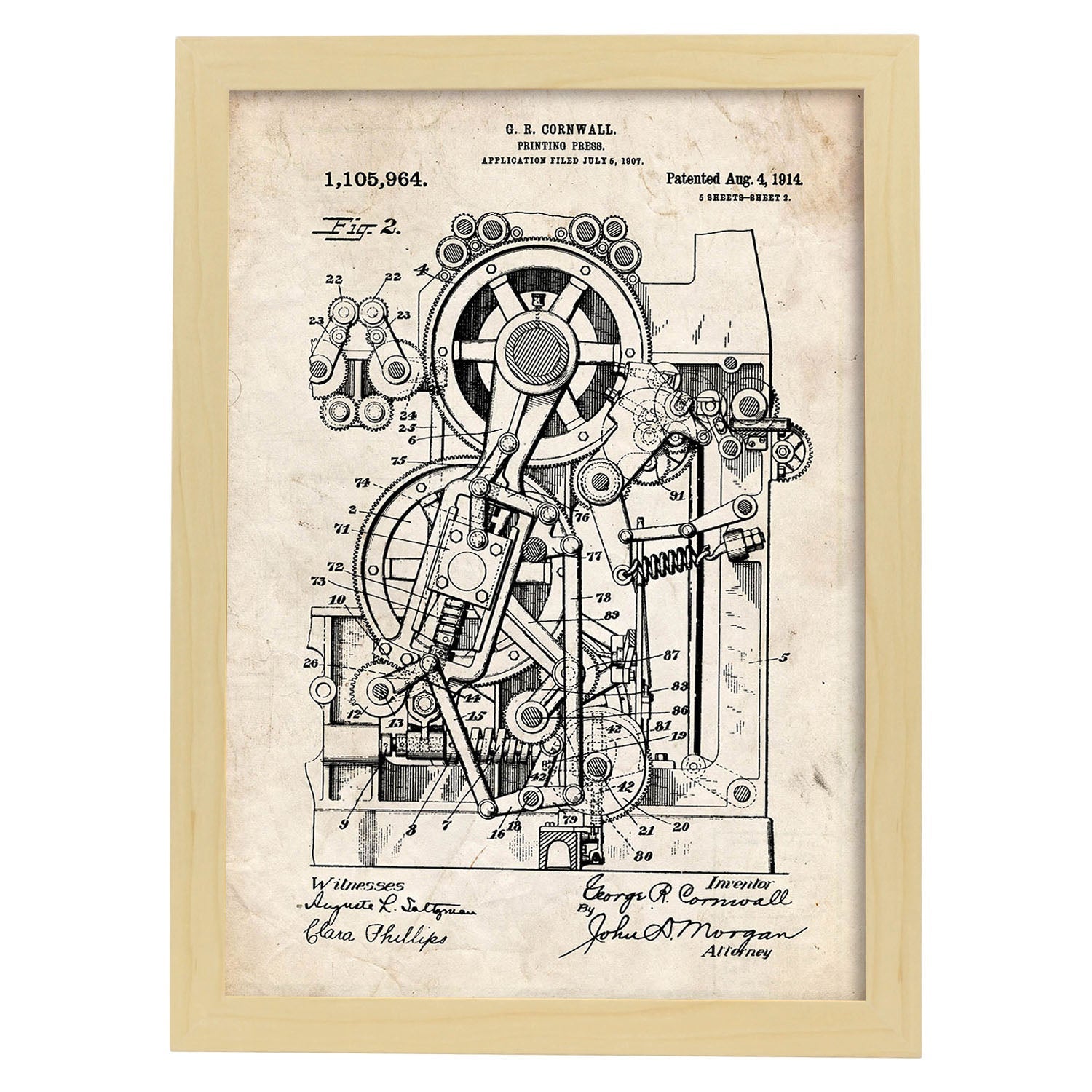 Poster con patente de Prensa de impresion 2. Lámina con diseño de patente antigua.-Artwork-Nacnic-A4-Marco Madera clara-Nacnic Estudio SL