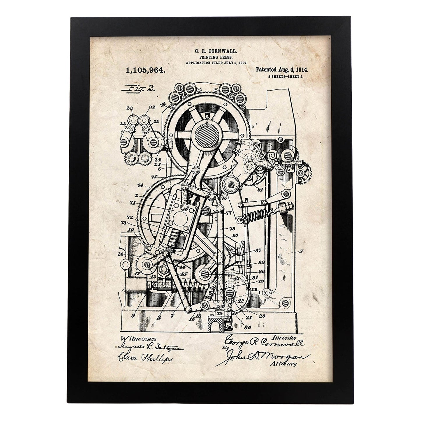 Poster con patente de Prensa de impresion 2. Lámina con diseño de patente antigua.-Artwork-Nacnic-A4-Marco Negro-Nacnic Estudio SL