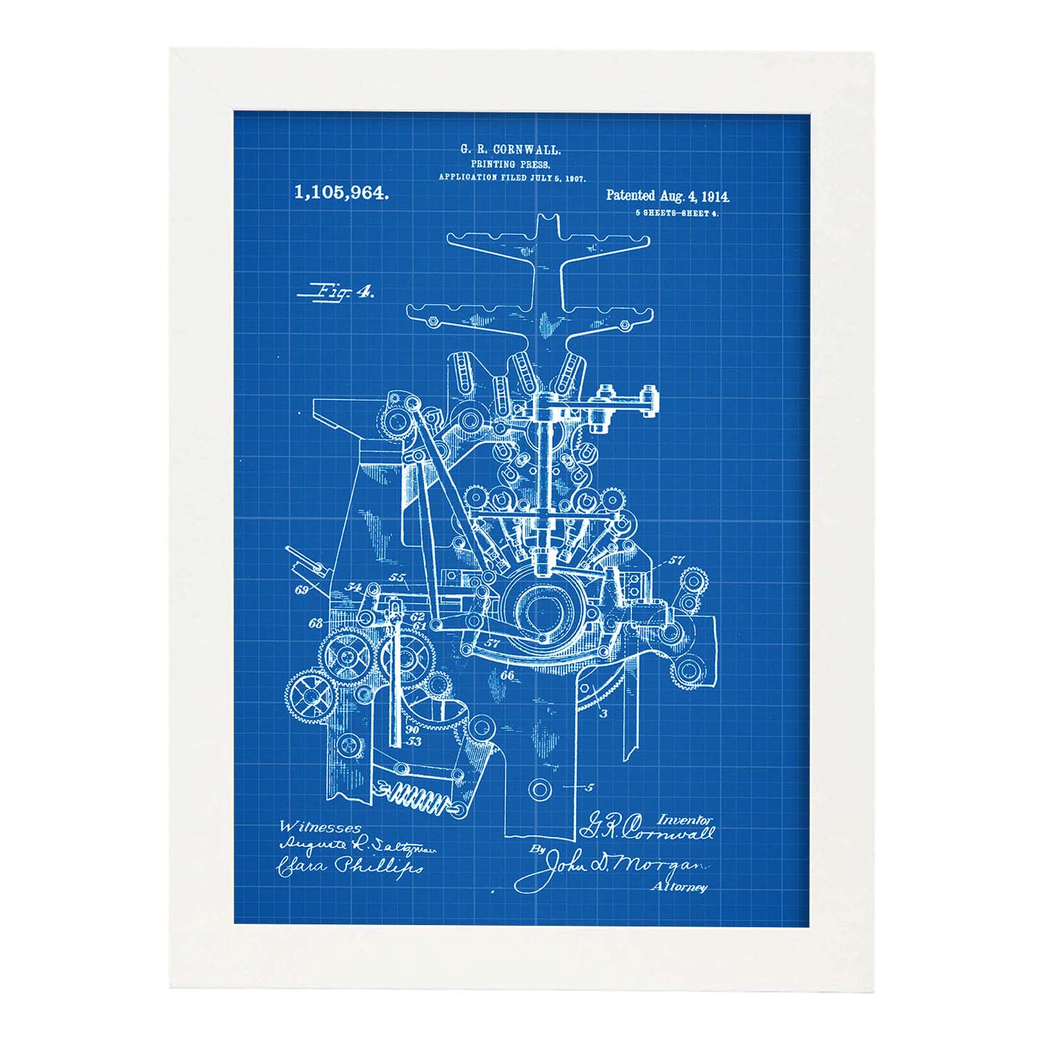 Poster con patente de Prensa de impresion 4. Lámina con diseño de patente antigua-Artwork-Nacnic-A3-Marco Blanco-Nacnic Estudio SL