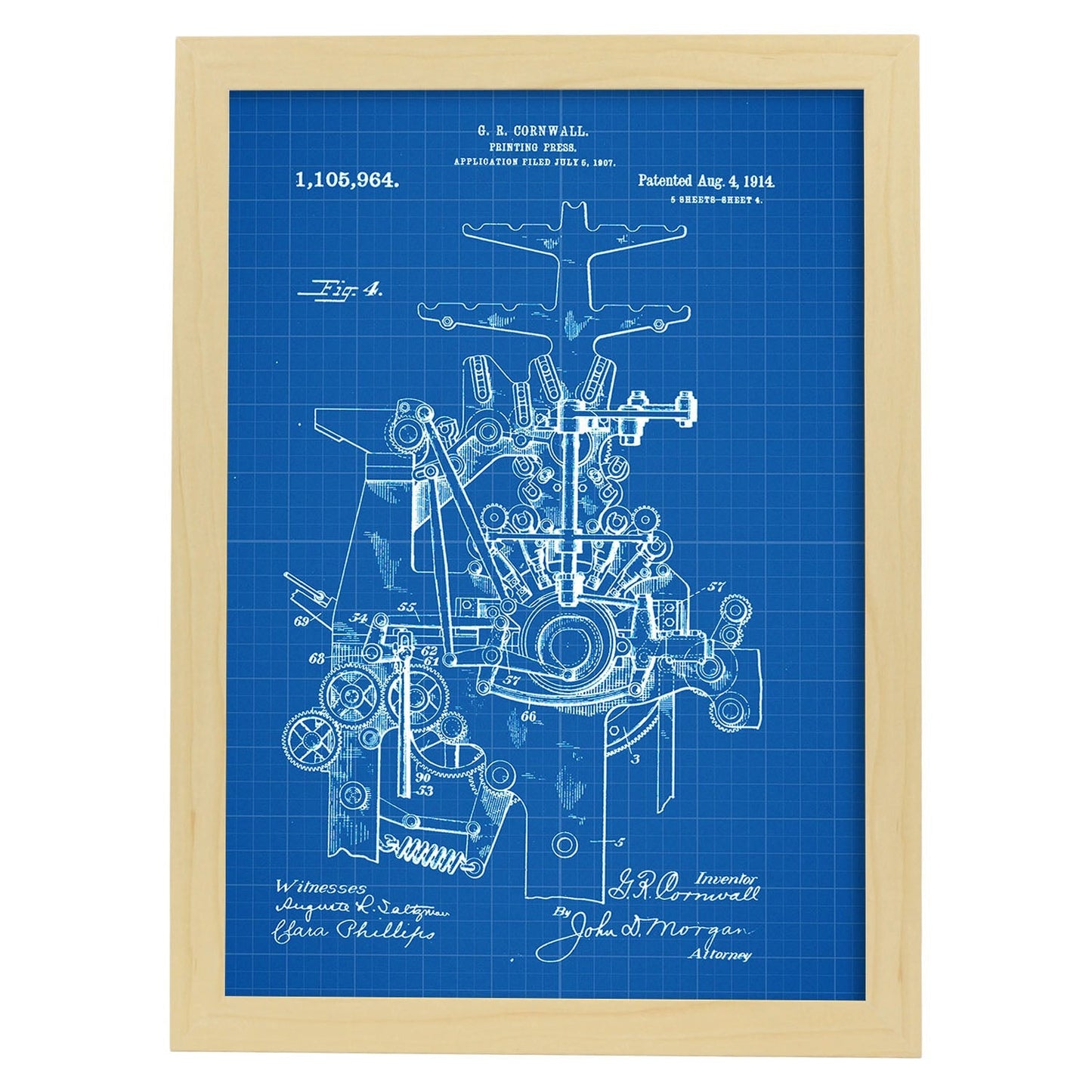 Poster con patente de Prensa de impresion 4. Lámina con diseño de patente antigua-Artwork-Nacnic-A3-Marco Madera clara-Nacnic Estudio SL