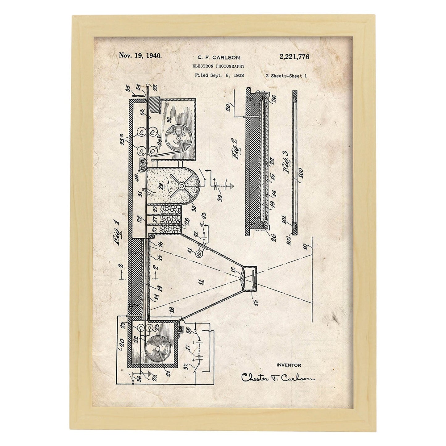 Poster con patente de Prensa de impresion 6. Lámina con diseño de patente antigua.-Artwork-Nacnic-A3-Marco Madera clara-Nacnic Estudio SL