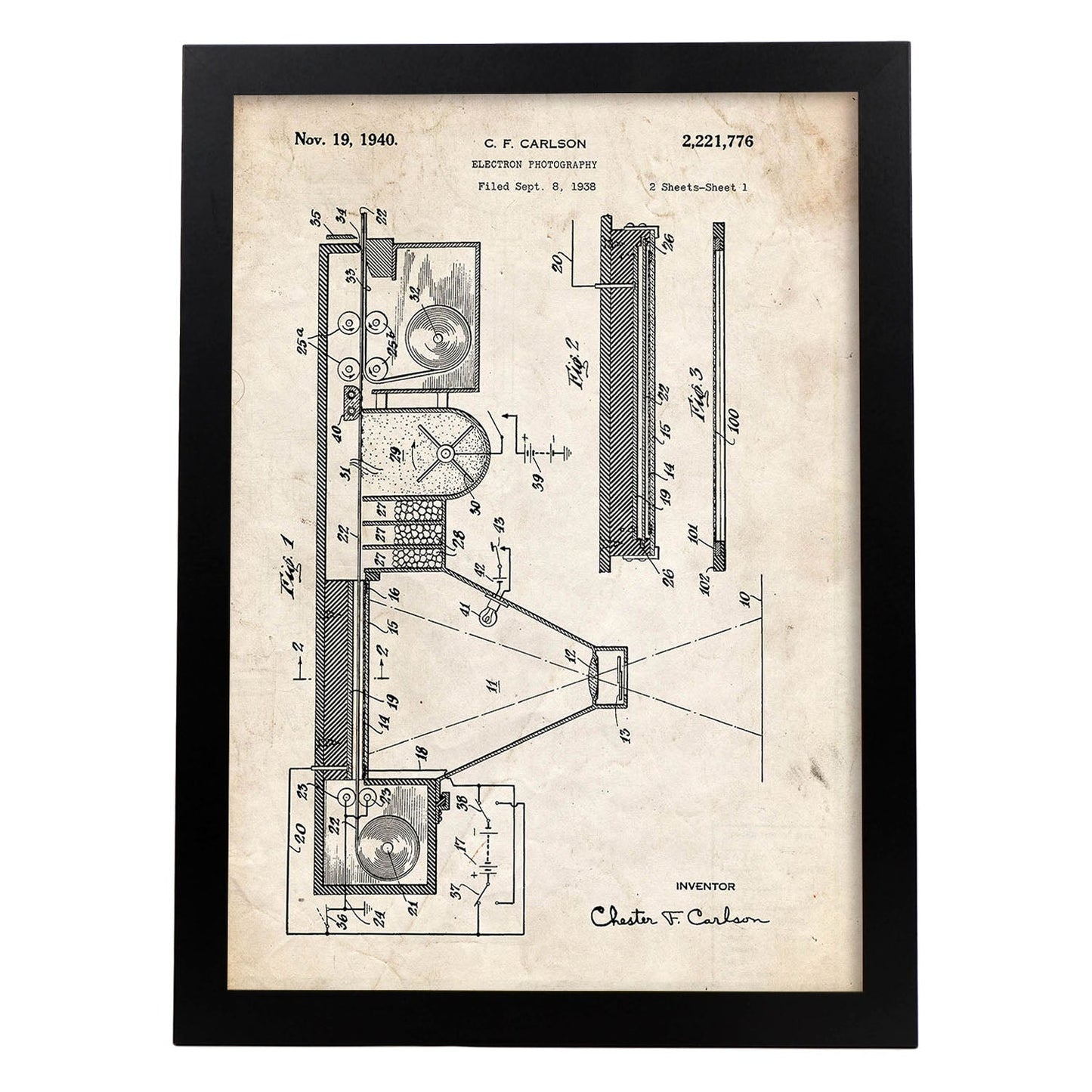 Poster con patente de Prensa de impresion 6. Lámina con diseño de patente antigua.-Artwork-Nacnic-A3-Marco Negro-Nacnic Estudio SL