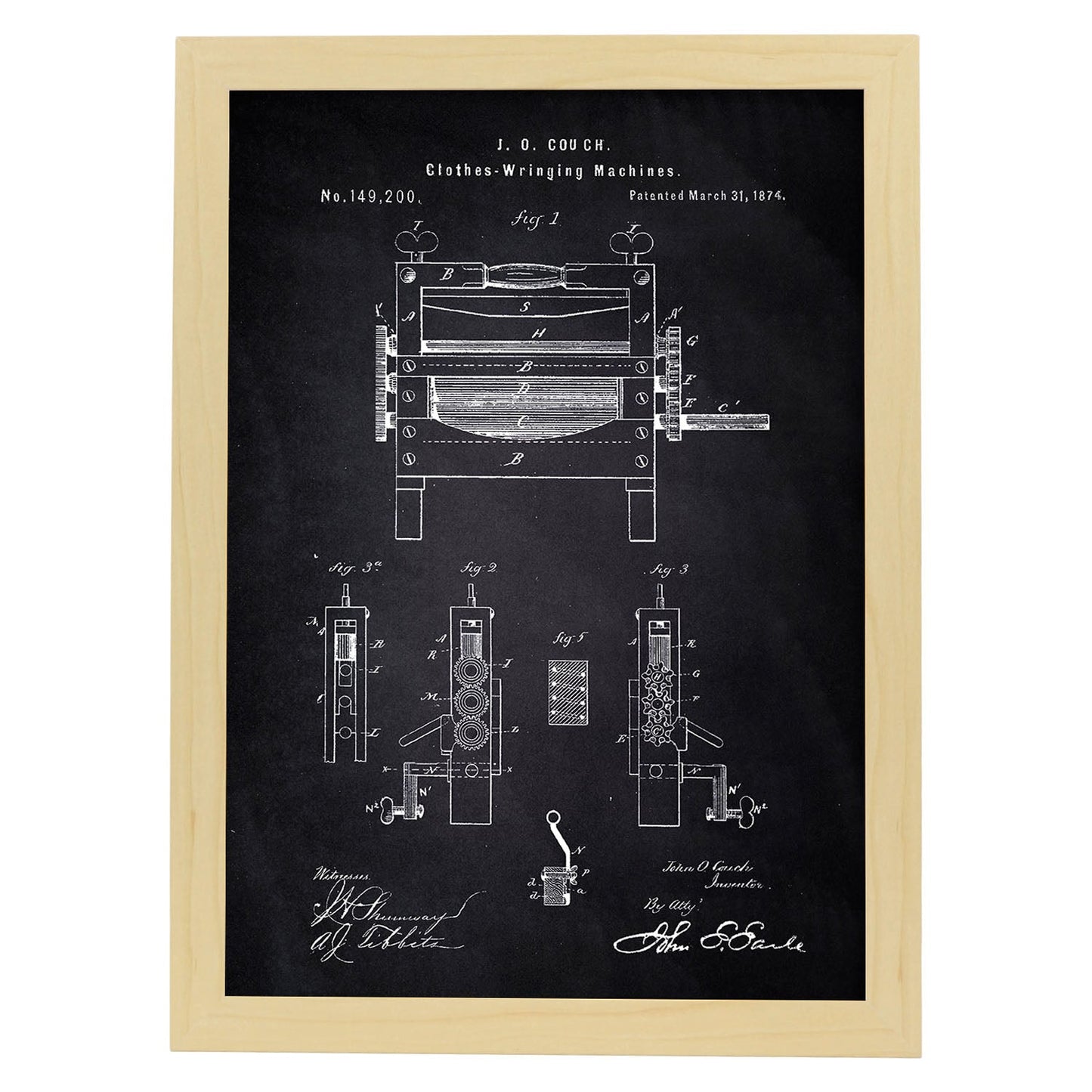 Poster con patente de Prensadora de ropa. Lámina con diseño de patente antigua-Artwork-Nacnic-A4-Marco Madera clara-Nacnic Estudio SL
