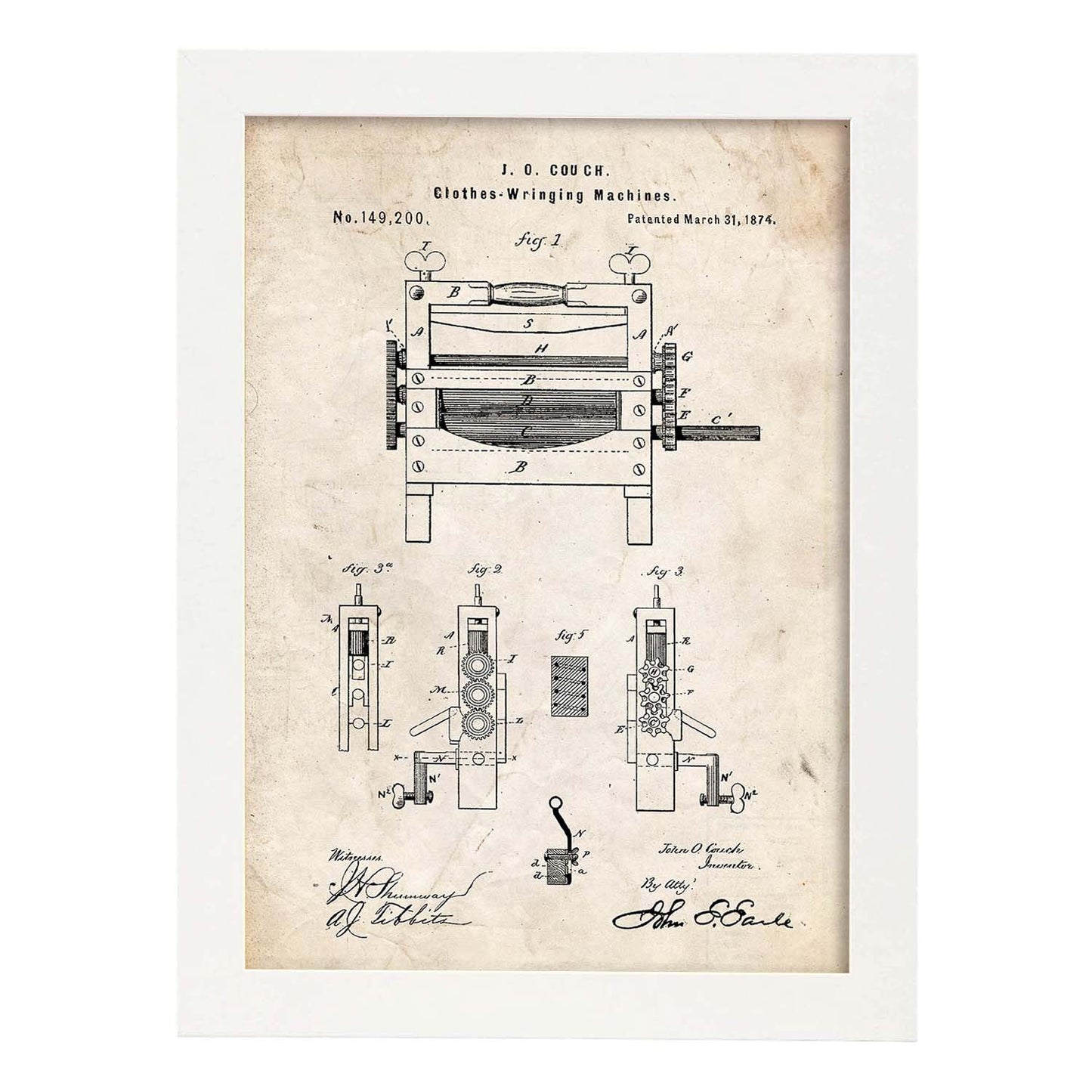 Poster con patente de Prensadora de ropa. Lámina con diseño de patente antigua.-Artwork-Nacnic-A3-Marco Blanco-Nacnic Estudio SL