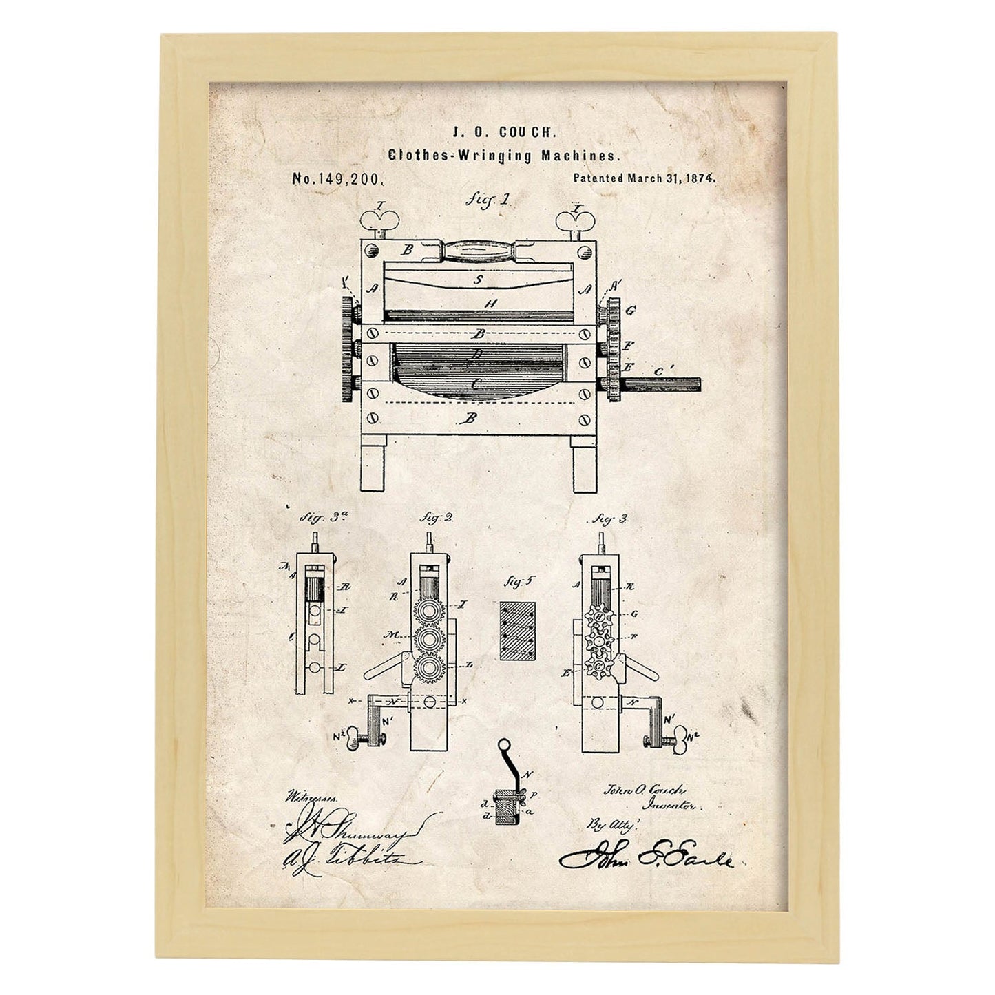 Poster con patente de Prensadora de ropa. Lámina con diseño de patente antigua.-Artwork-Nacnic-A3-Marco Madera clara-Nacnic Estudio SL