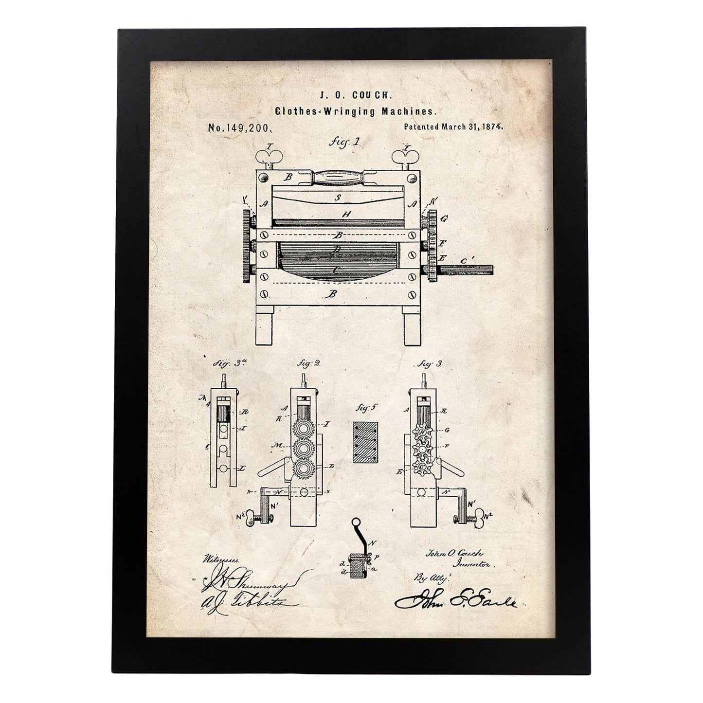 Poster con patente de Prensadora de ropa. Lámina con diseño de patente antigua.-Artwork-Nacnic-A3-Marco Negro-Nacnic Estudio SL
