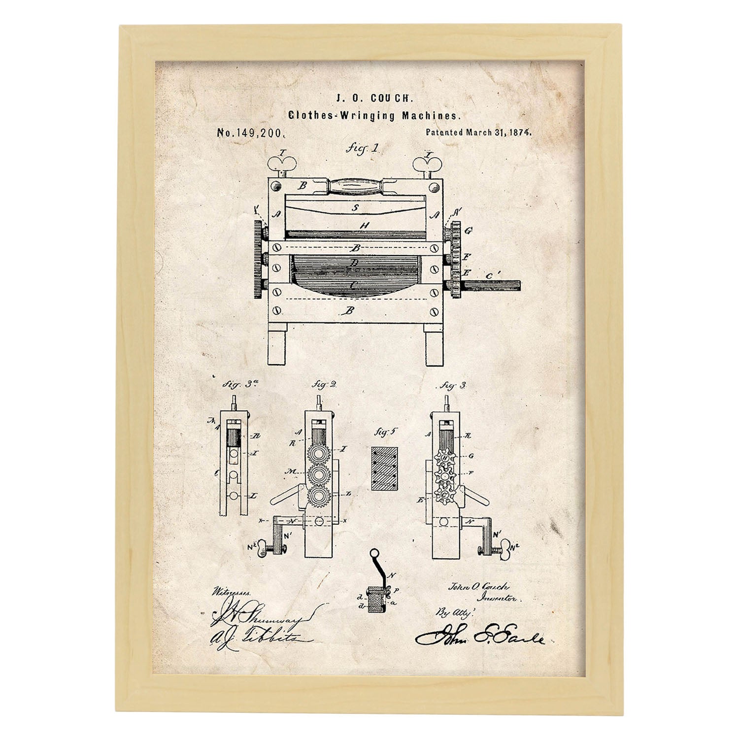 Poster con patente de Prensadora de ropa. Lámina con diseño de patente antigua.-Artwork-Nacnic-A4-Marco Madera clara-Nacnic Estudio SL