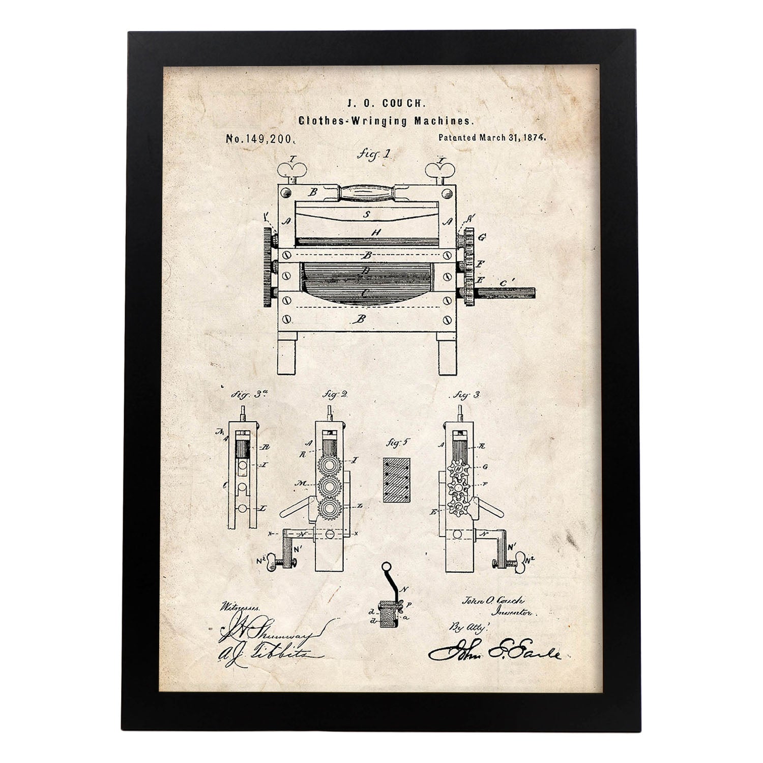 Poster con patente de Prensadora de ropa. Lámina con diseño de patente antigua.-Artwork-Nacnic-A4-Marco Negro-Nacnic Estudio SL