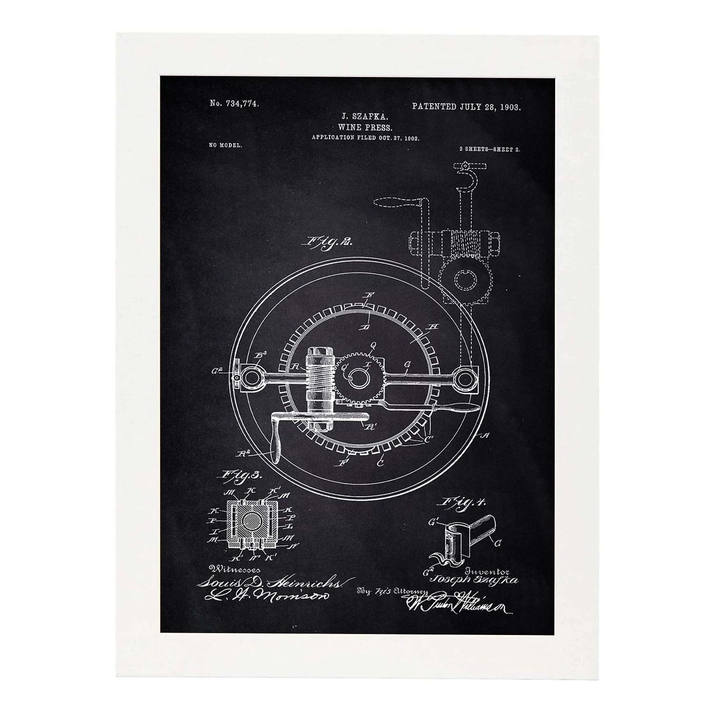 Poster con patente de Prensadora de vino 2. Lámina con diseño de patente antigua-Artwork-Nacnic-A3-Marco Blanco-Nacnic Estudio SL