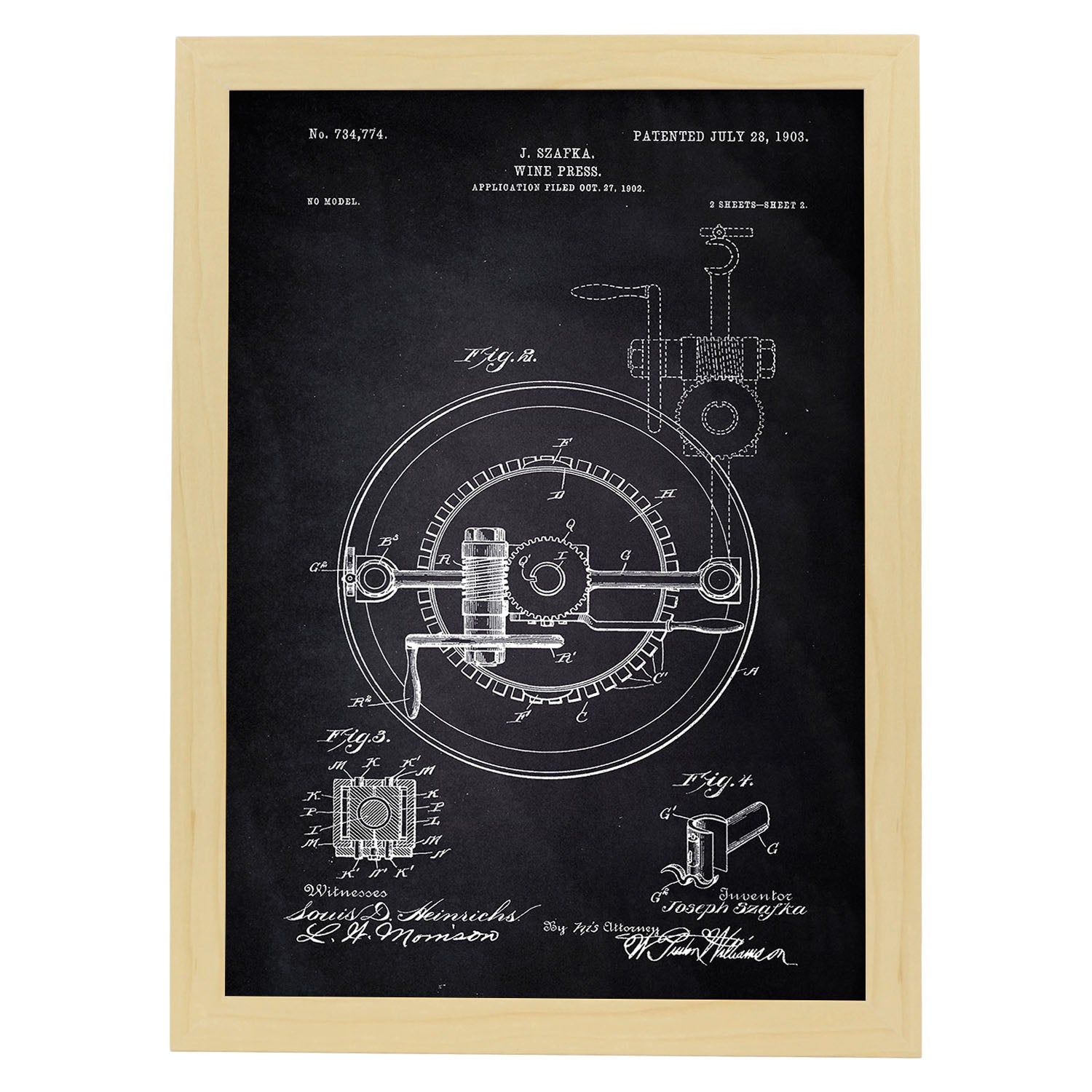 Poster con patente de Prensadora de vino 2. Lámina con diseño de patente antigua-Artwork-Nacnic-A3-Marco Madera clara-Nacnic Estudio SL