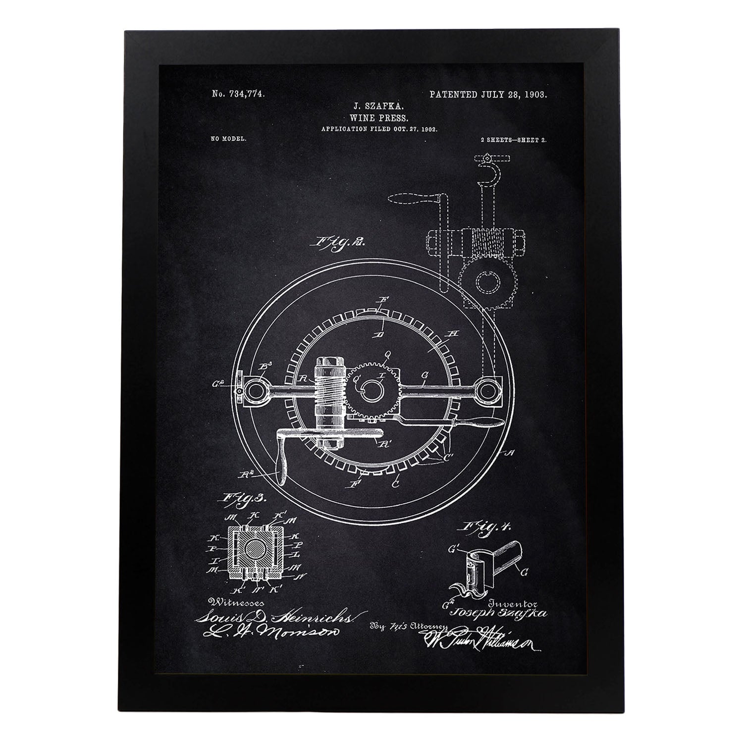 Poster con patente de Prensadora de vino 2. Lámina con diseño de patente antigua-Artwork-Nacnic-A3-Marco Negro-Nacnic Estudio SL