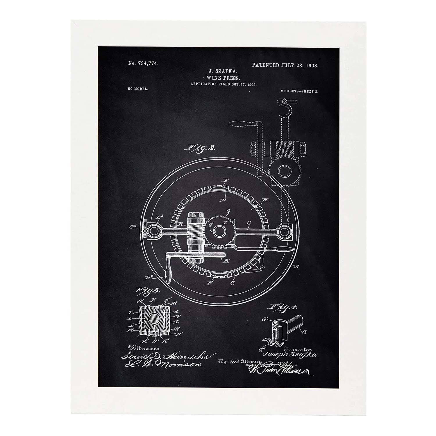Poster con patente de Prensadora de vino 2. Lámina con diseño de patente antigua-Artwork-Nacnic-A4-Marco Blanco-Nacnic Estudio SL