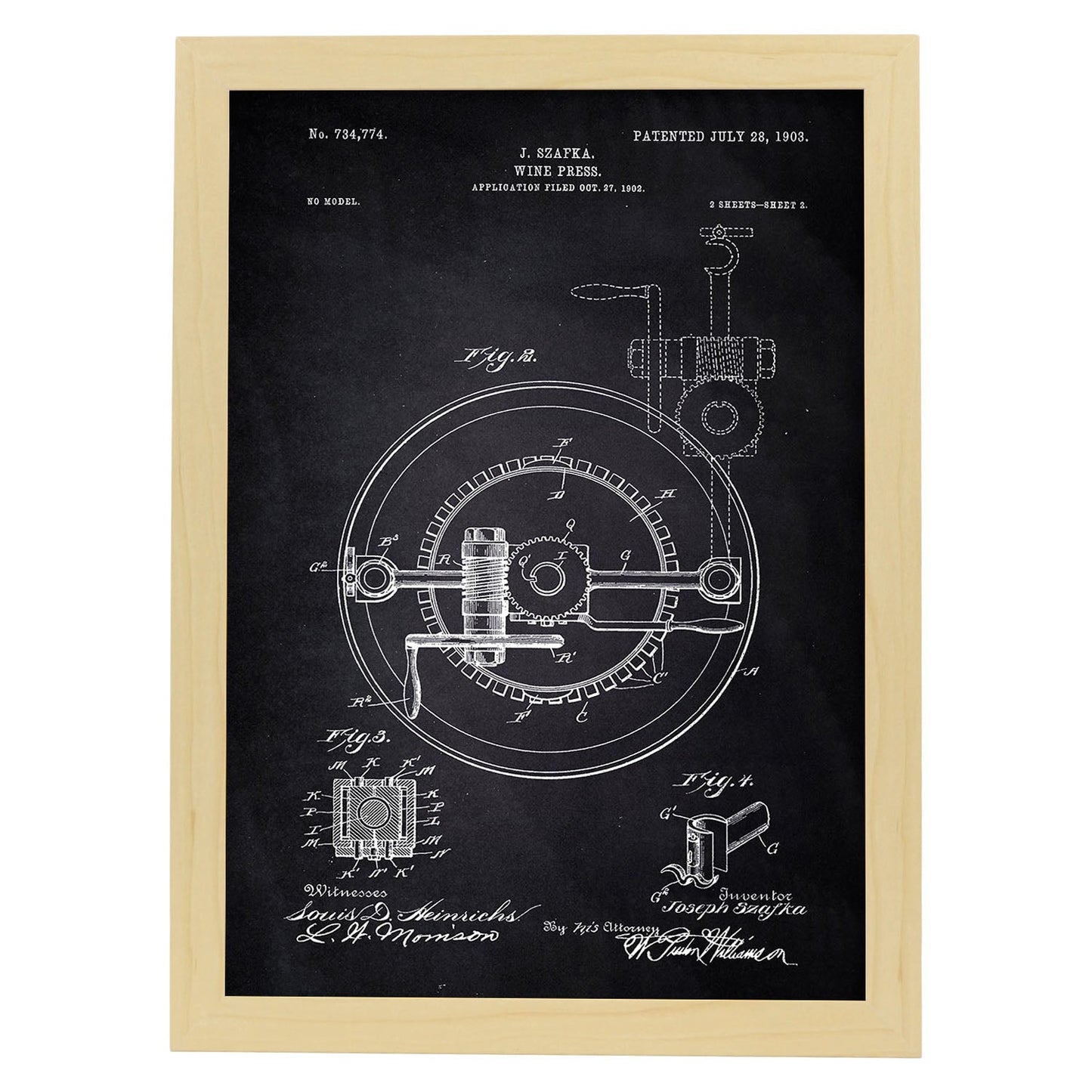 Poster con patente de Prensadora de vino 2. Lámina con diseño de patente antigua-Artwork-Nacnic-A4-Marco Madera clara-Nacnic Estudio SL