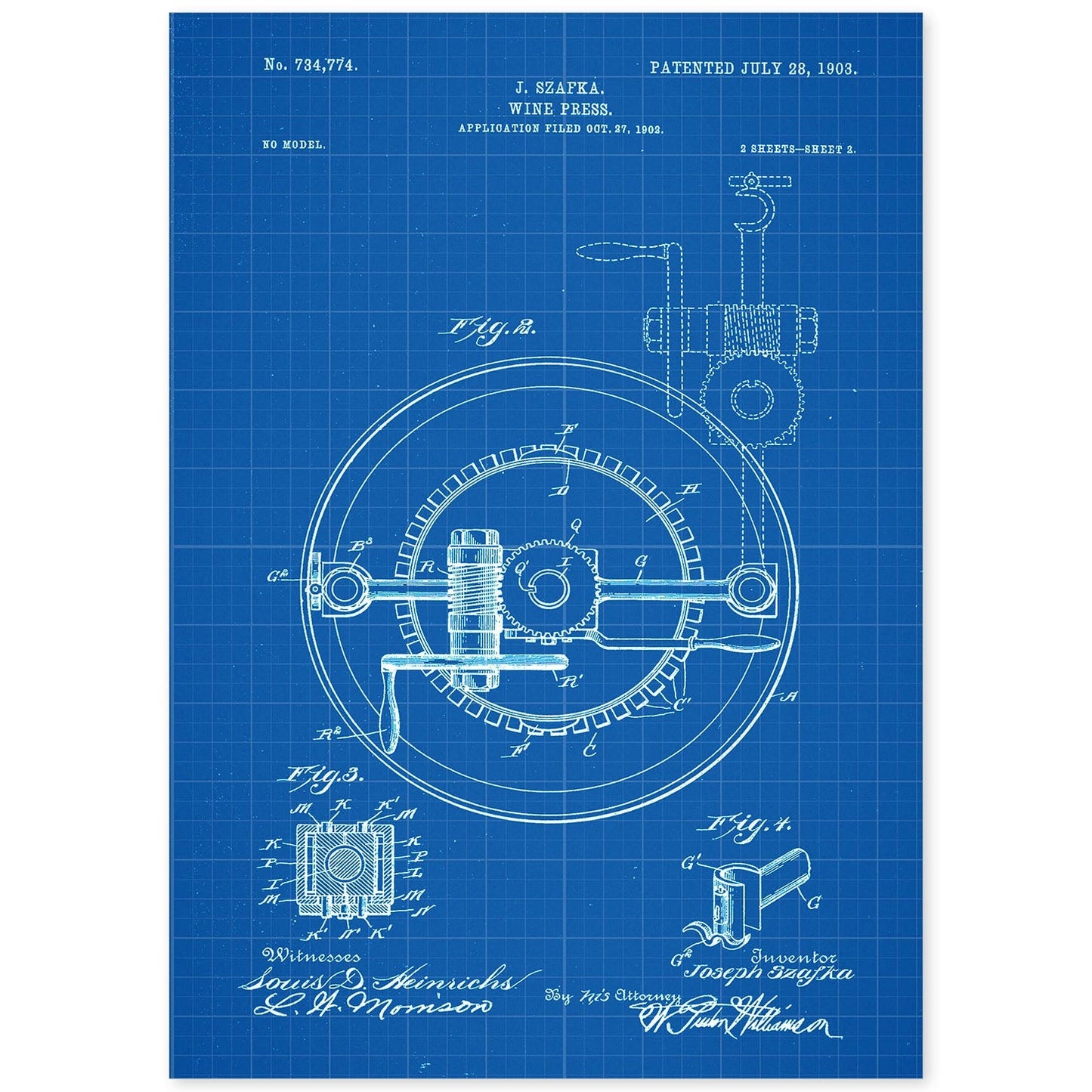 Poster con patente de Prensadora de vino 2. Lámina con diseño de patente antigua-Artwork-Nacnic-A4-Sin marco-Nacnic Estudio SL