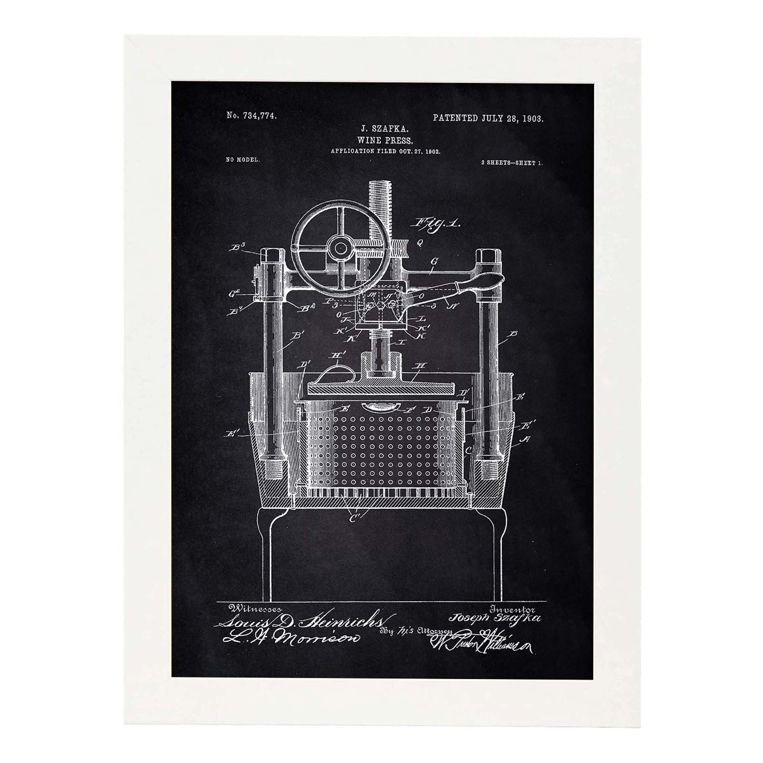 Poster con patente de Prensadora de vino. Lámina con diseño de patente antigua-Artwork-Nacnic-A3-Marco Blanco-Nacnic Estudio SL