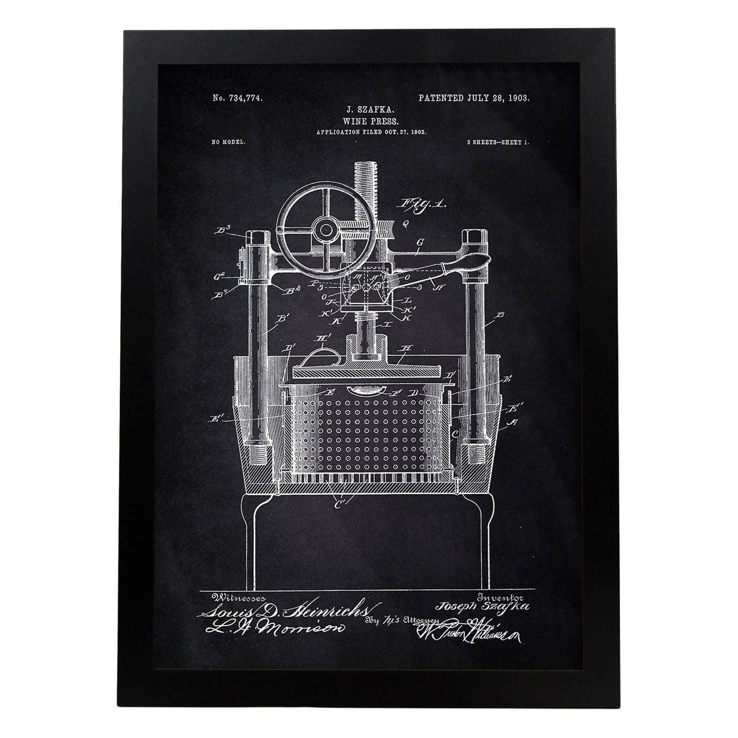 Poster con patente de Prensadora de vino. Lámina con diseño de patente antigua-Artwork-Nacnic-A3-Marco Negro-Nacnic Estudio SL