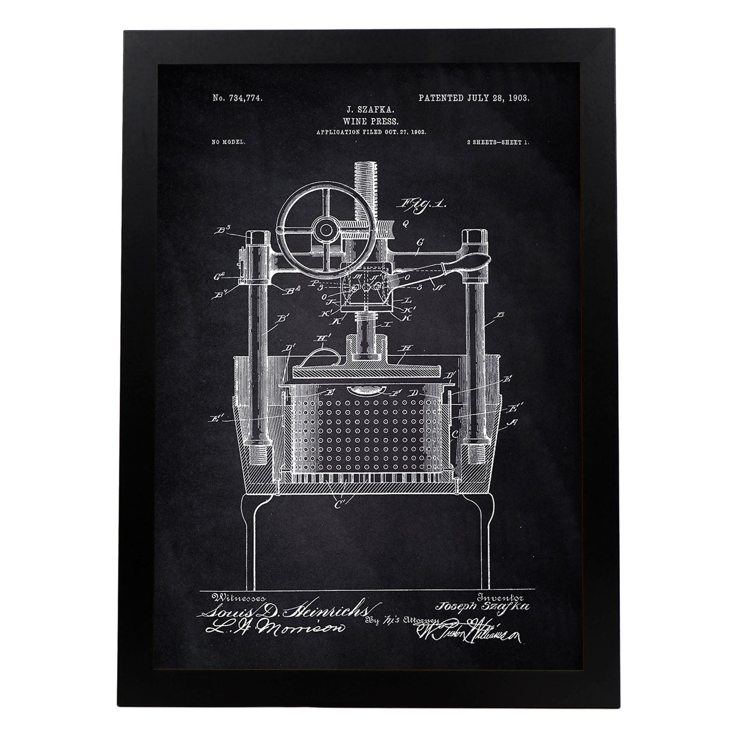 Poster con patente de Prensadora de vino. Lámina con diseño de patente antigua-Artwork-Nacnic-A4-Marco Negro-Nacnic Estudio SL