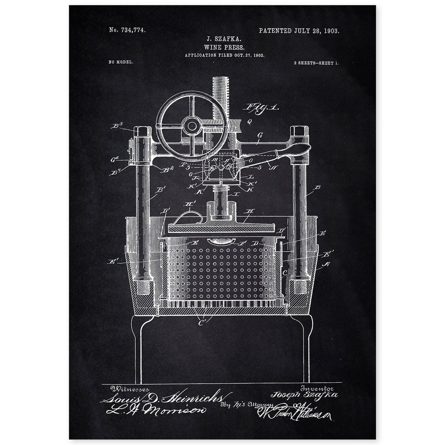 Poster con patente de Prensadora de vino. Lámina con diseño de patente antigua-Artwork-Nacnic-A4-Sin marco-Nacnic Estudio SL