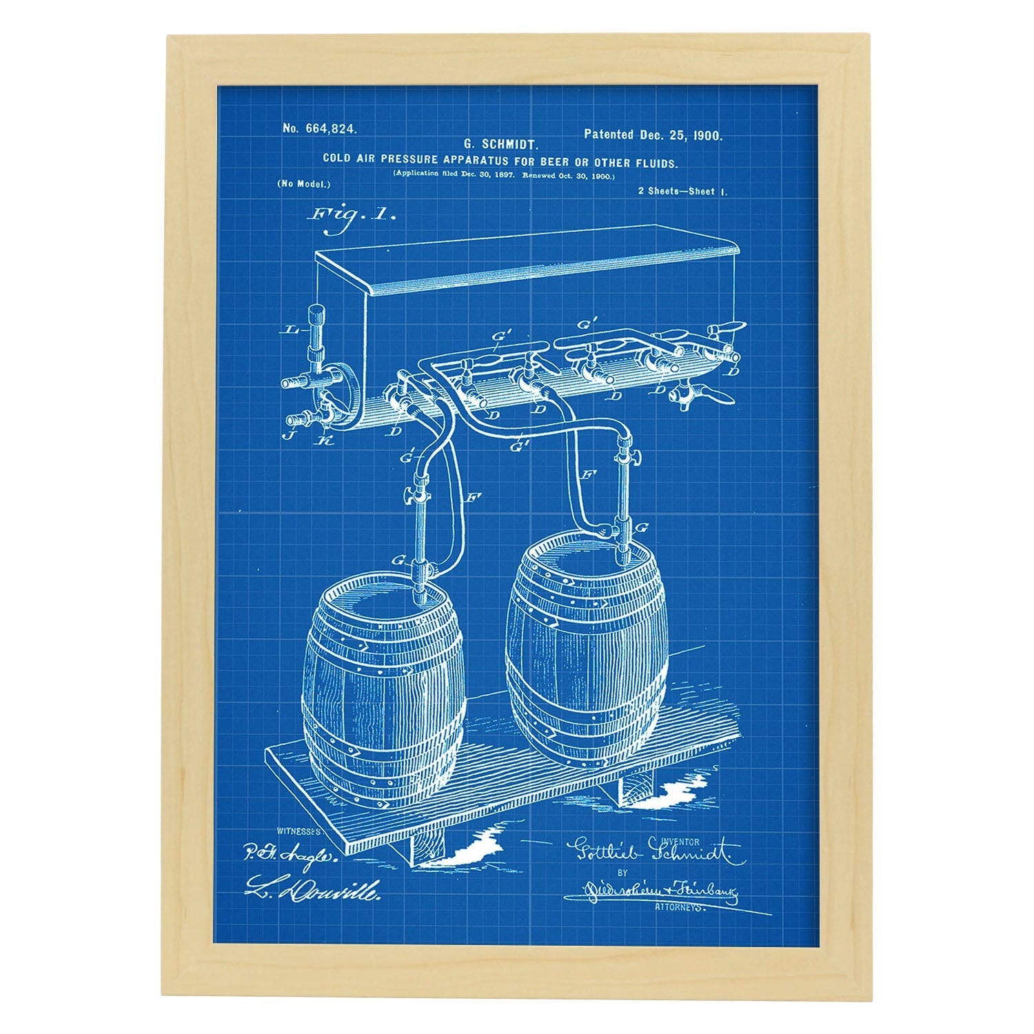 Poster con patente de Presion cerveza. Lámina con diseño de patente antigua-Artwork-Nacnic-A3-Marco Madera clara-Nacnic Estudio SL
