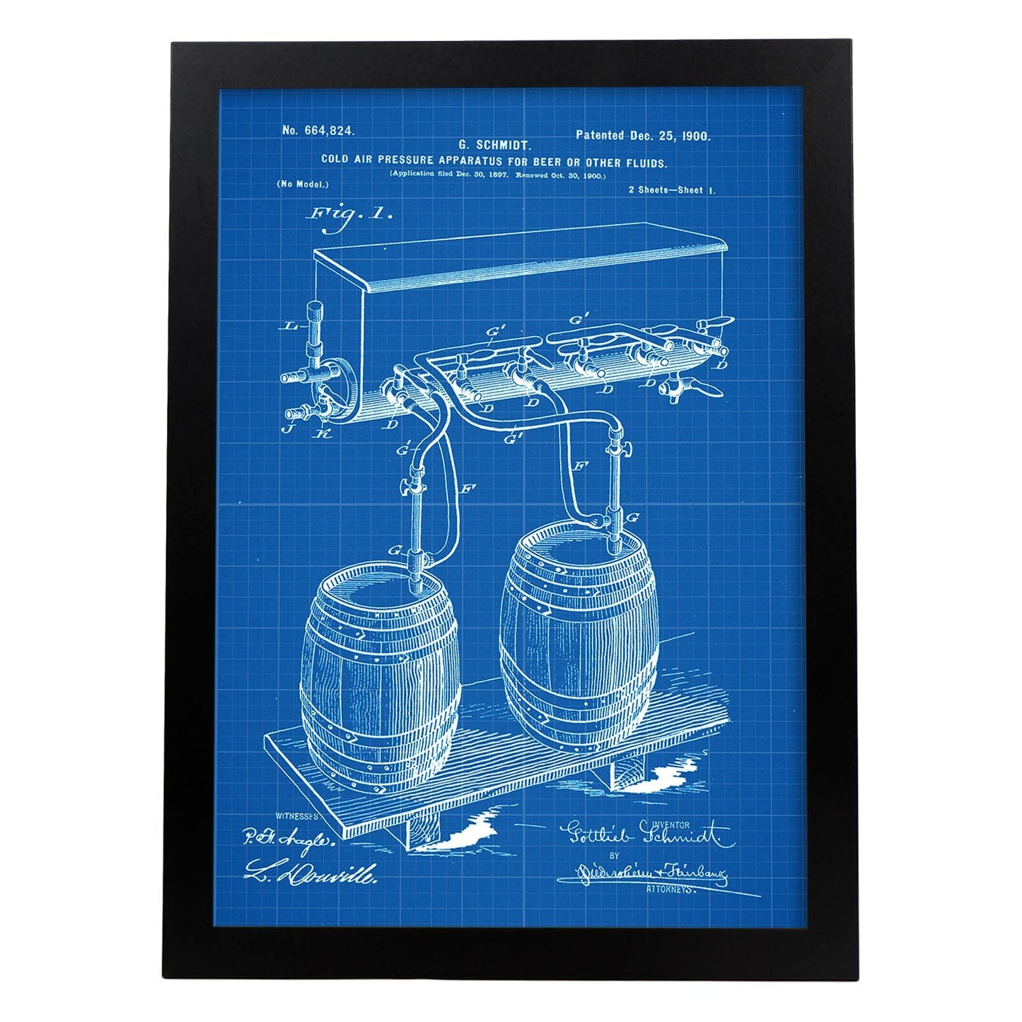 Poster con patente de Presion cerveza. Lámina con diseño de patente antigua-Artwork-Nacnic-A3-Marco Negro-Nacnic Estudio SL